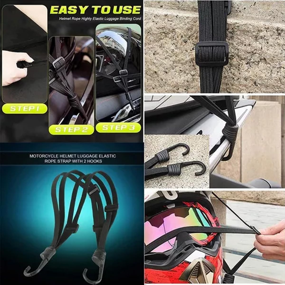lozafot Redes Malla Moto Sujetar Casco Portabulto Cuerda Gancho,Cuerda para Sujetar Equipaje En Moto, 4 Piezas Cuerdas elásticas elásticas + Gancho pequeño