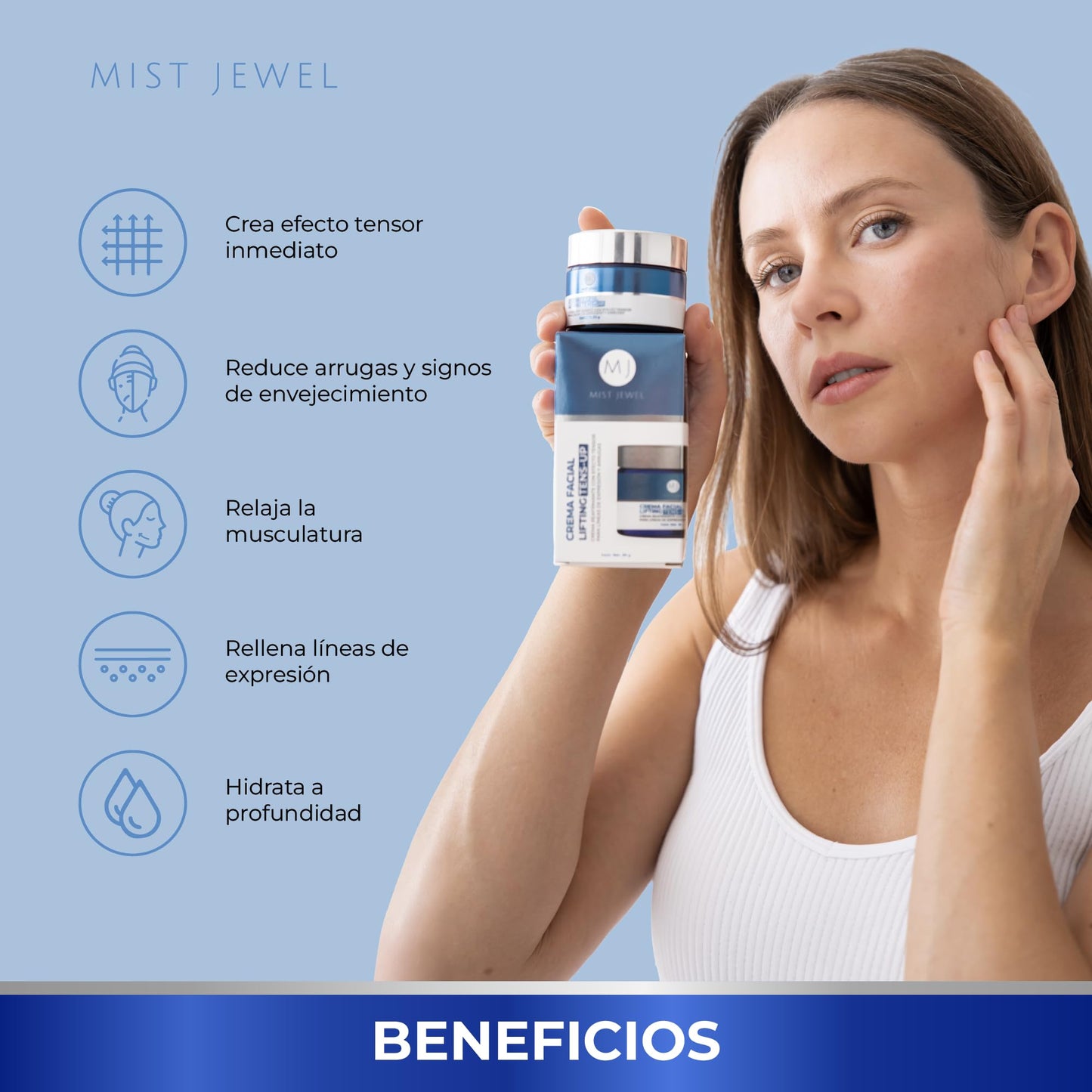 MIST JEWEL Crema TENS-UP Facial con Postbióticos marinos, Ácido Hialurónico, Caviar Verde y Q10 | Crema tensora efecto lifting e hidratante de cuidado facial para uso de día y noche skin care hombre y mujer. Todo tipo de piel 50g