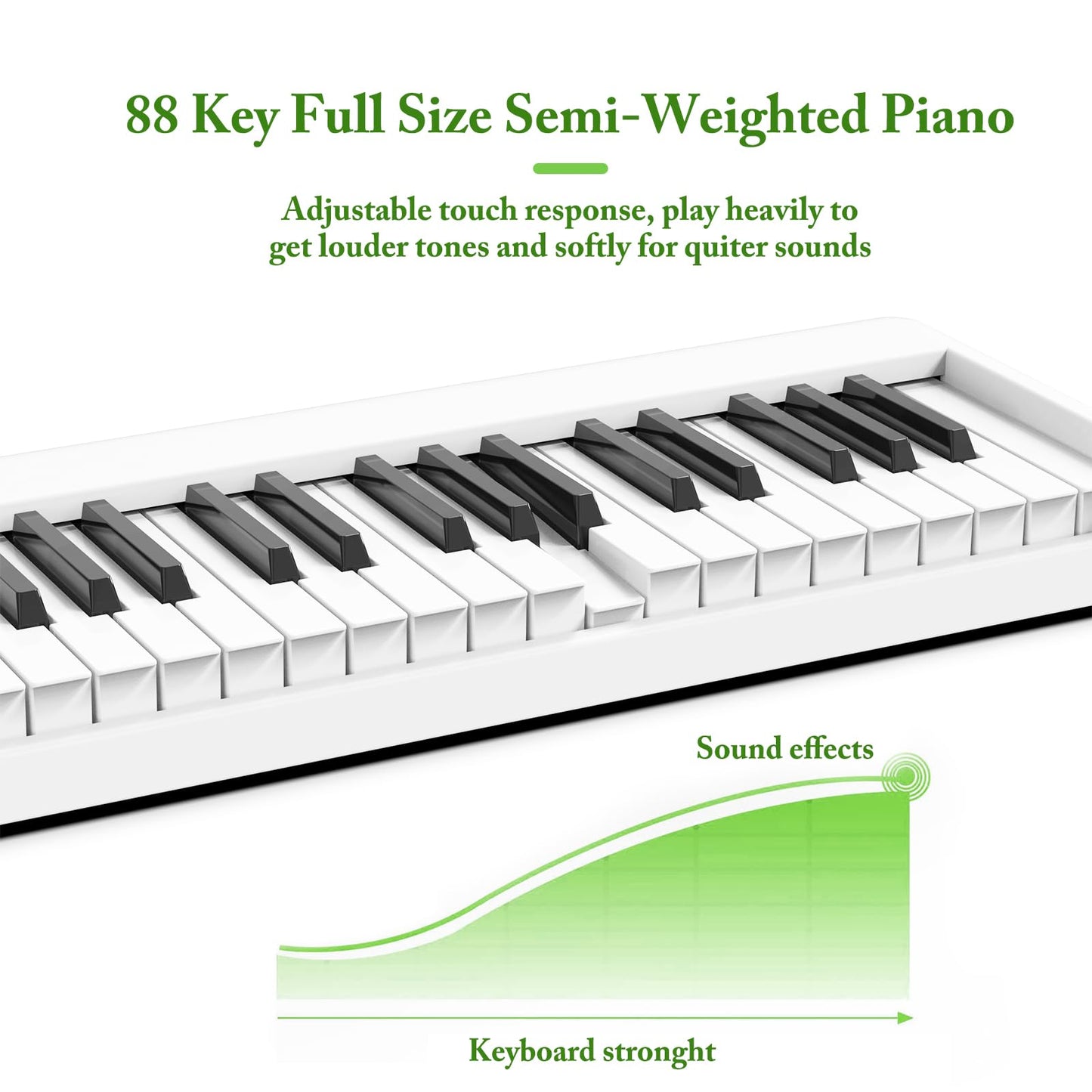 FVEREY Teclado de piano plegable de 88 teclas, teclado semipesado de tamaño completo, teclado musical portátil de piano de viaje, soporte MIDI Bluetooth piano eléctrico para principiantes, blanco