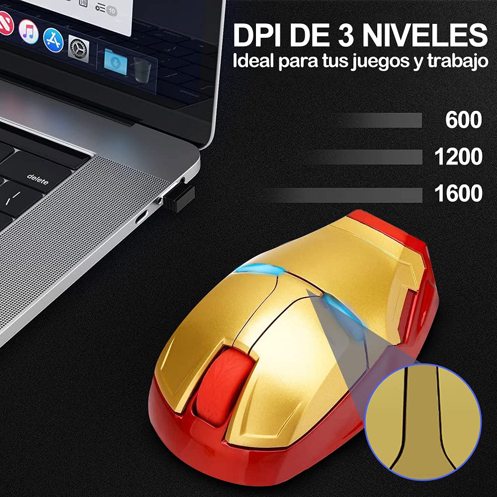 Iron Man Mouse inalámbrico para gamers,Mouse óptico inalámbrico y súper silencioso de 2.4 Ghz con luz LED ideal para agarre ergonómico,con Receptor USB y 3(600/1200/1600)Ajustable DPI Ratón,(dorado)