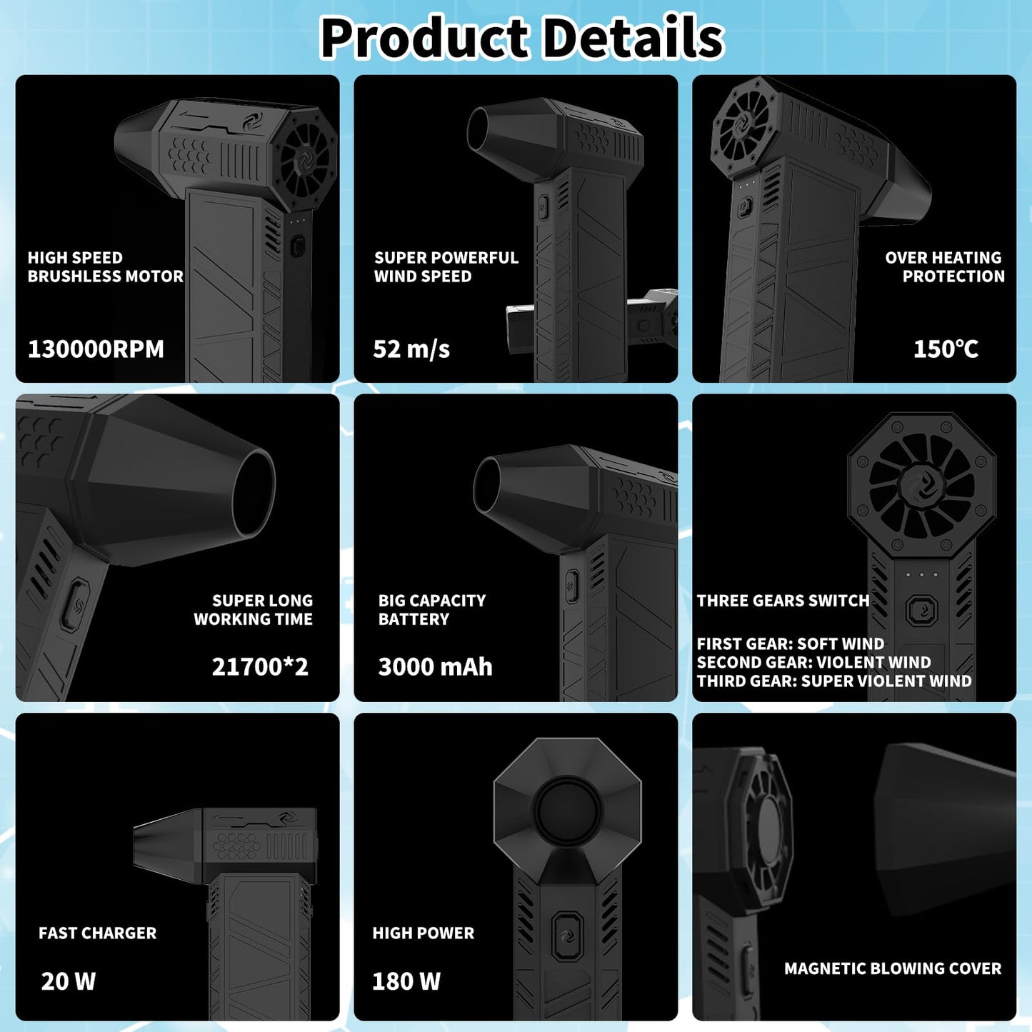 Jadeshay Mini Soplador Jet Dry, 130000 RPM de Potente Motor sin Escobillas, Soplador Turbo Jet Eléctrico Portátil Inalámbrico de Mano, Adecuado para la Limpieza de Automóviles, Teclados o Campamentos