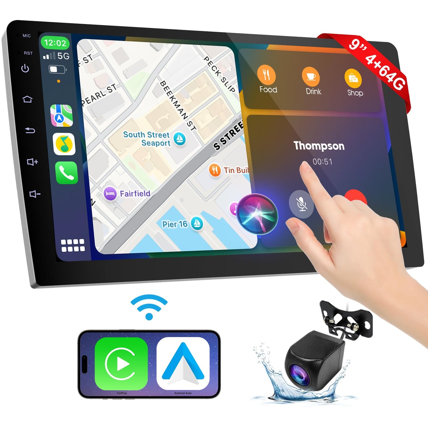 Visualización Inalámbrica Carplay 9 Pulgadas HD con Control de Voz y Cámara de Respaldo para Coche Estéreo