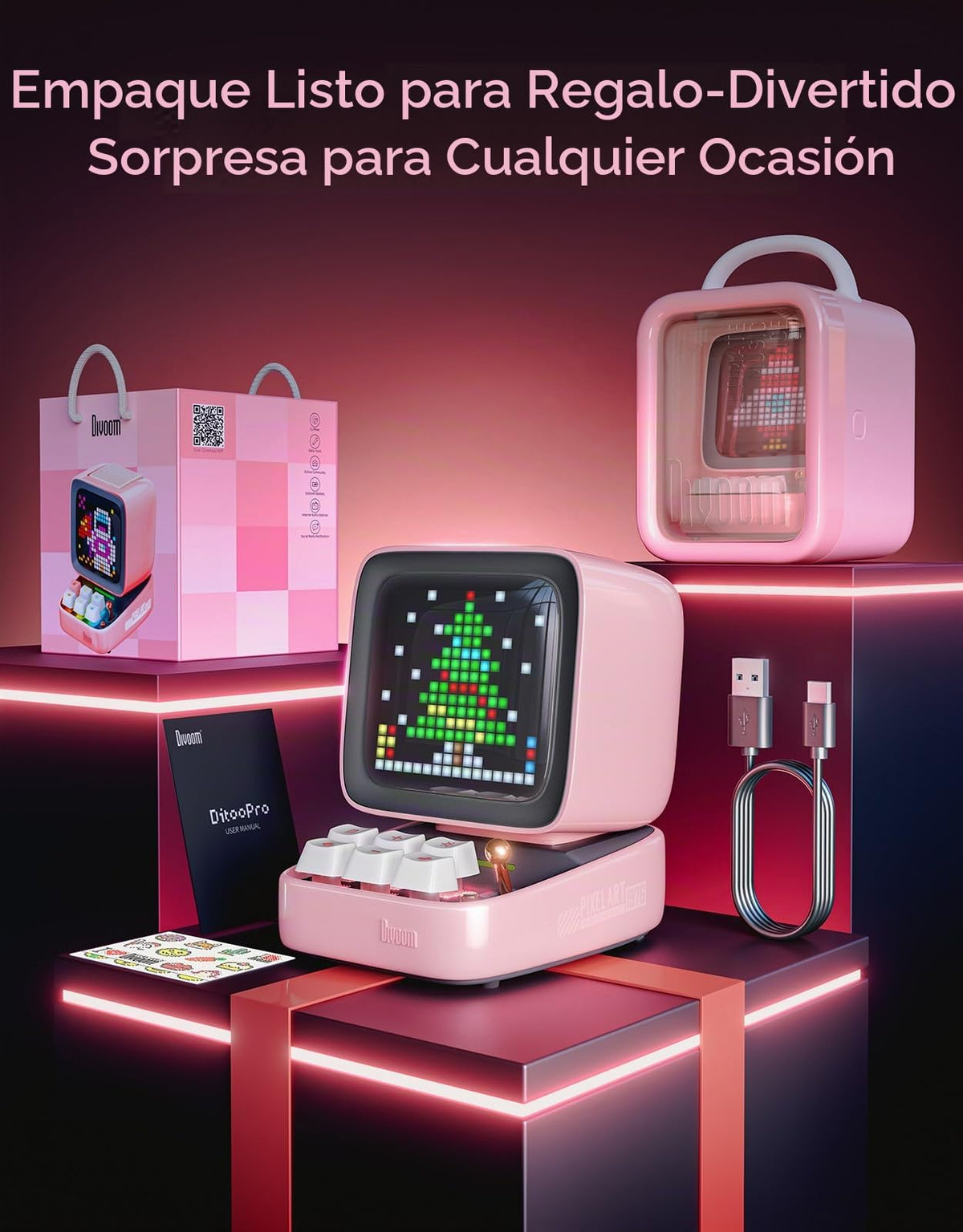 Altavoz Bluetooth Pixel Art Divoom Ditoo Rosa con Pantalla LED RGB y Teclado Mecánico