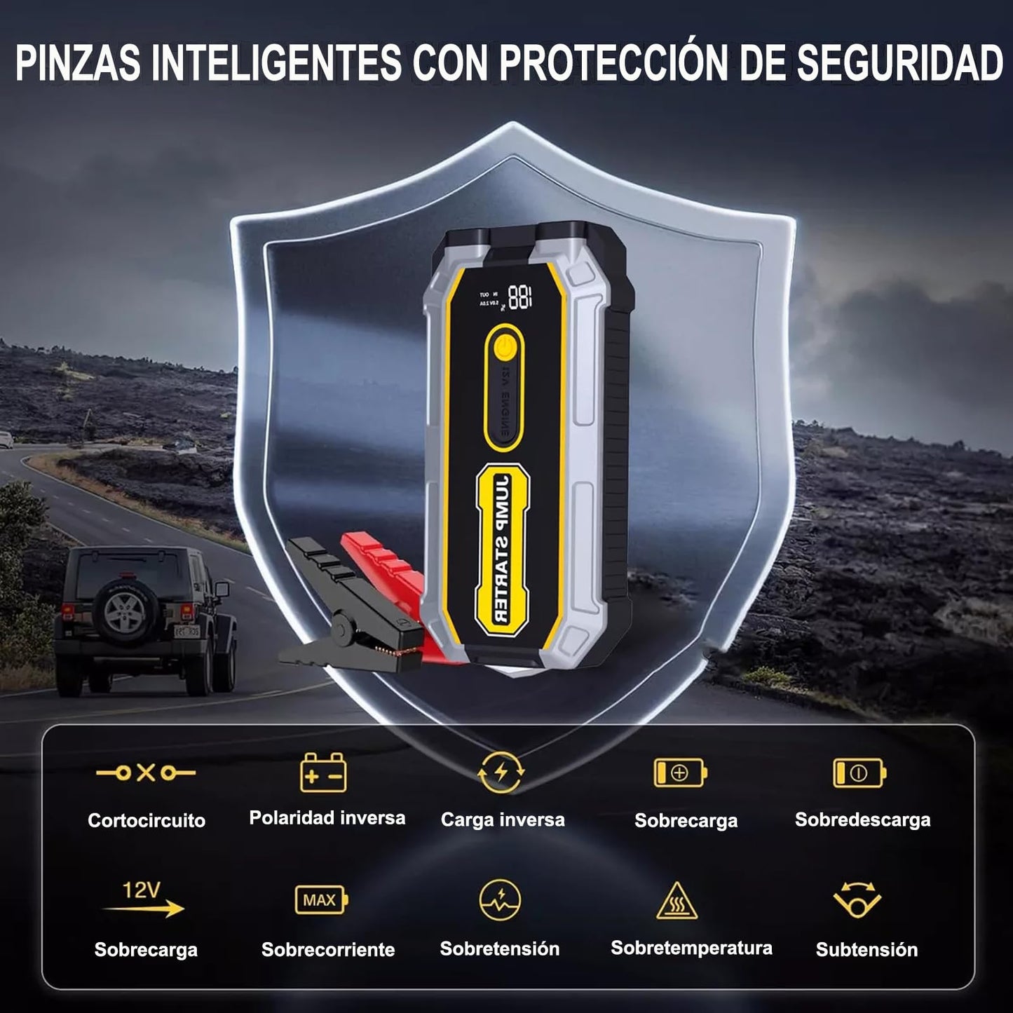 Arrancador de Batería de Coche de 3000A, Arrancador de Baterias LCD Portátil, Arrancador de Baterias de Auto con Pantalla Digital Carga Rápida USB y Linterna, para Vehículos de Gasolina/Diésel de 12V