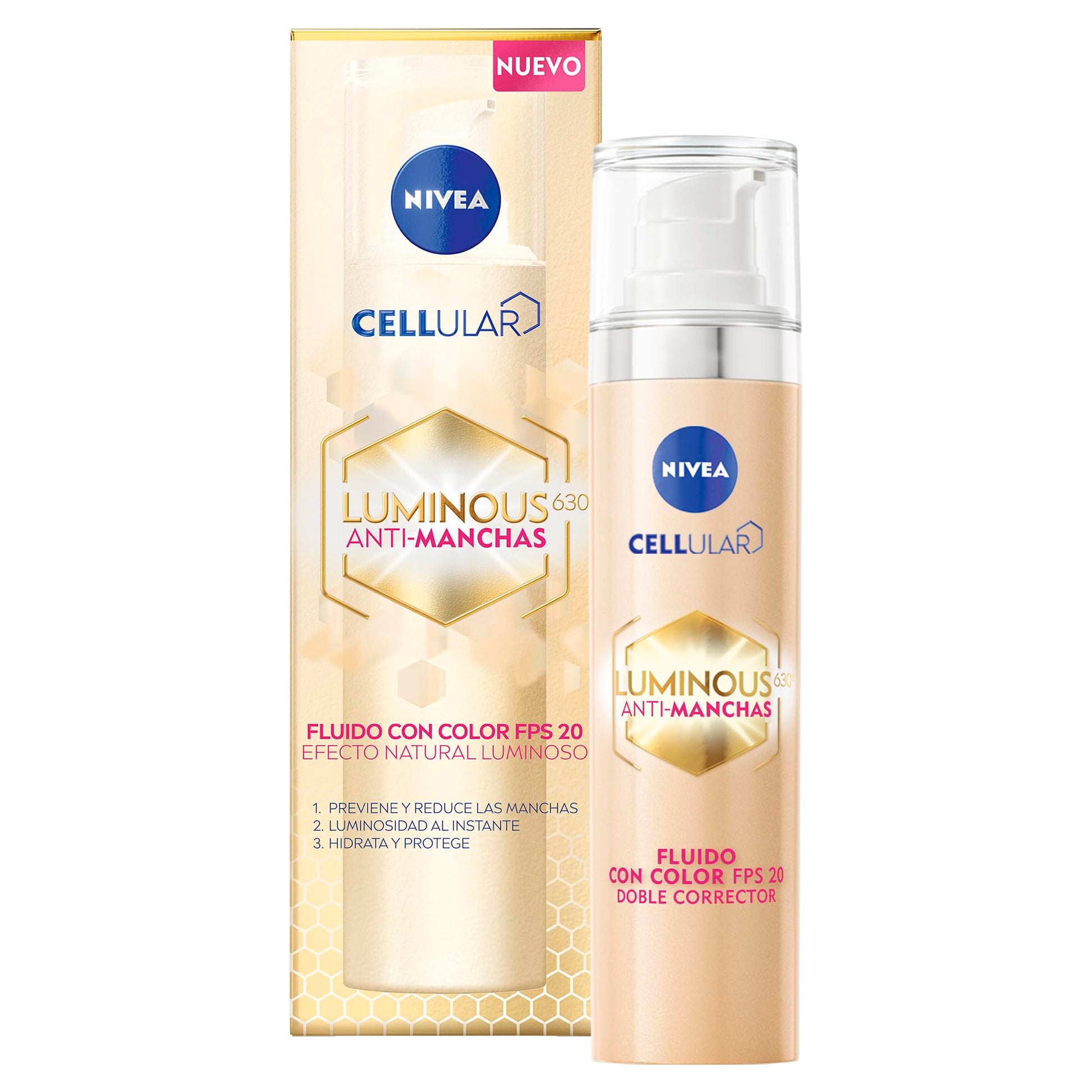 NIVEA Cellular LUMINOUS630 Anti-manchas Fluido Facial Aclarador de Piel FPS20 (40 ml) con un toque de color, Enriquecido Con Ácido Hialurónico y Vitamina E para una Piel Luminosa sin manchas por Edad, Solares u Hormonales
