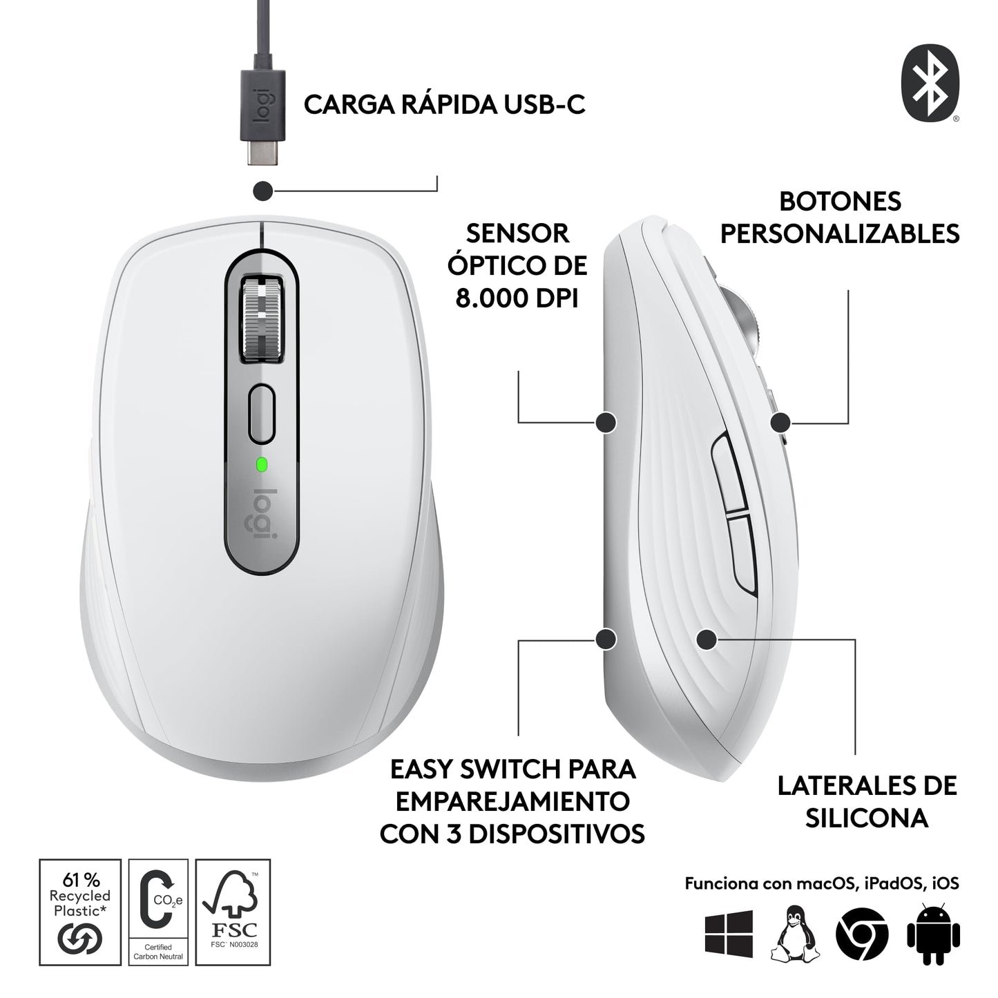 Logitech MX Anywhere 3S Compact Mouse inalámbrico, Desplazamiento Veloz en Todos Lados, dpi 8K, silencioso, Botones programables, USB C, Bluetooth, Windows PC, Linux, Chrome, Mac - Paleo Grey