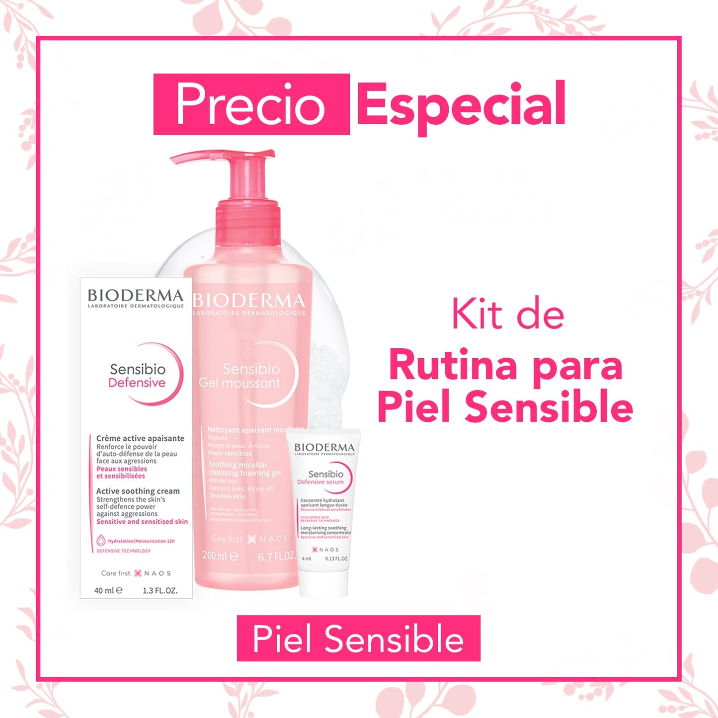 BIODERMA, Kit Rutina Ideal para Piel Sensible, Sensibio Gel Moussant, Sensibio Defensive y Defensive Sérum Mini