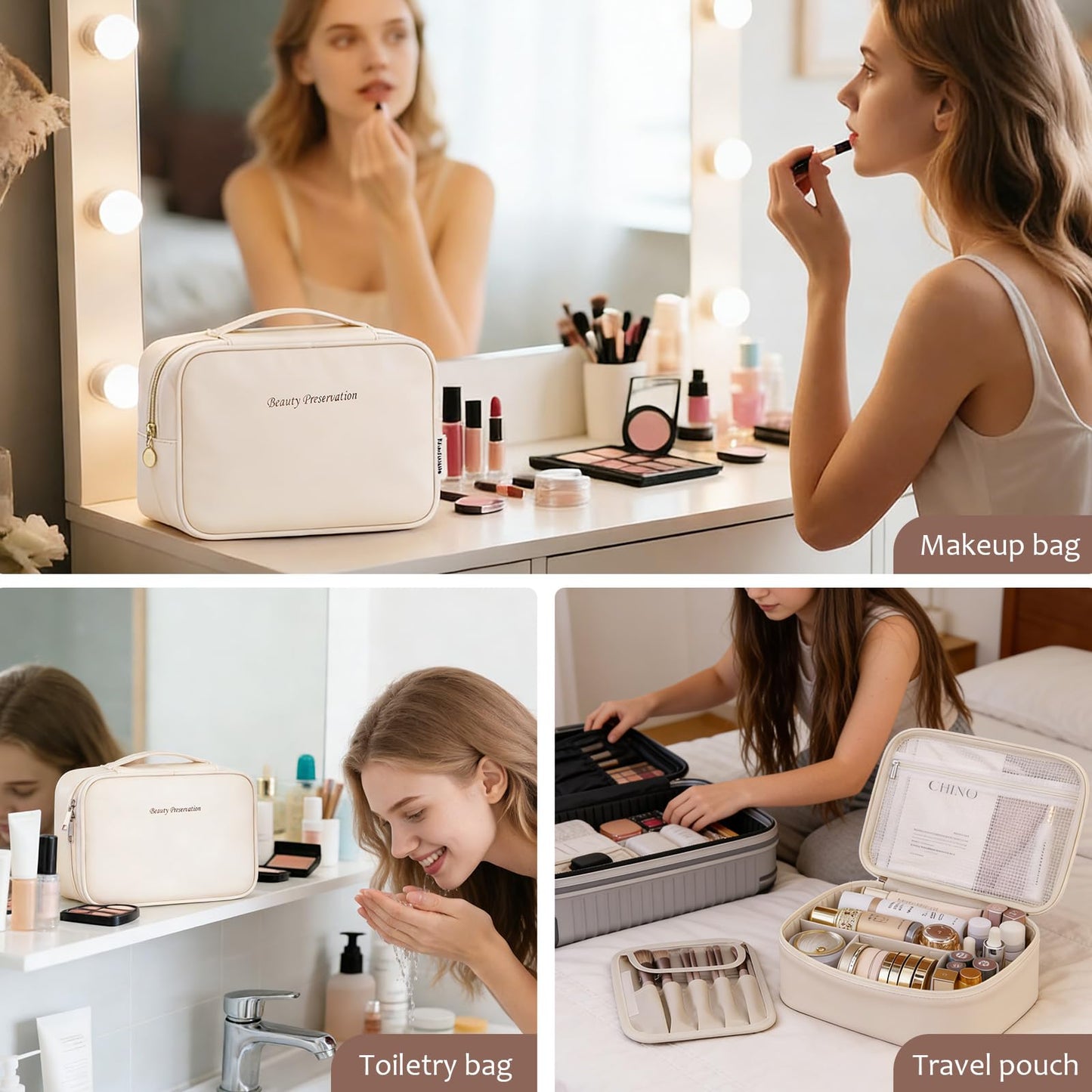 Sertin - Bolsa de maquillaje de alta calidad para mujer, organizador de bolsas de cosméticos de viaje de gran capacidad con múltiples compartimentos, bolsa de aseo resistente al agua para uso diario y
