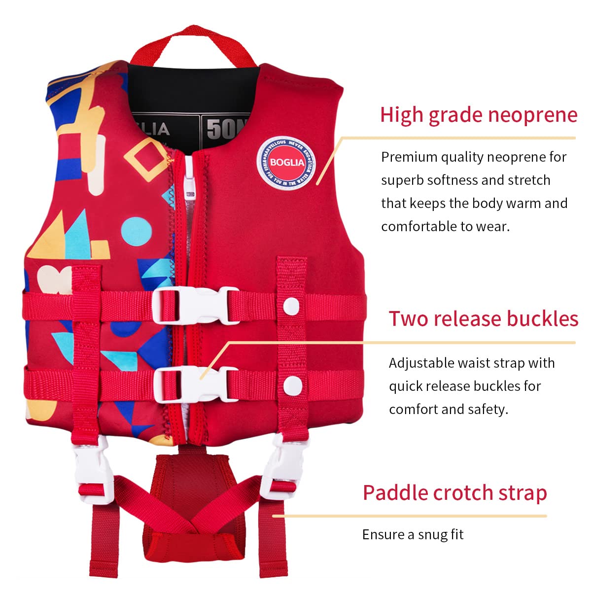 Boglia - Chaleco de natación para niños y niñas, traje de baño flotante con correa de seguridad ajustable para niños de 2 a 9 años/22 a 50 libras
