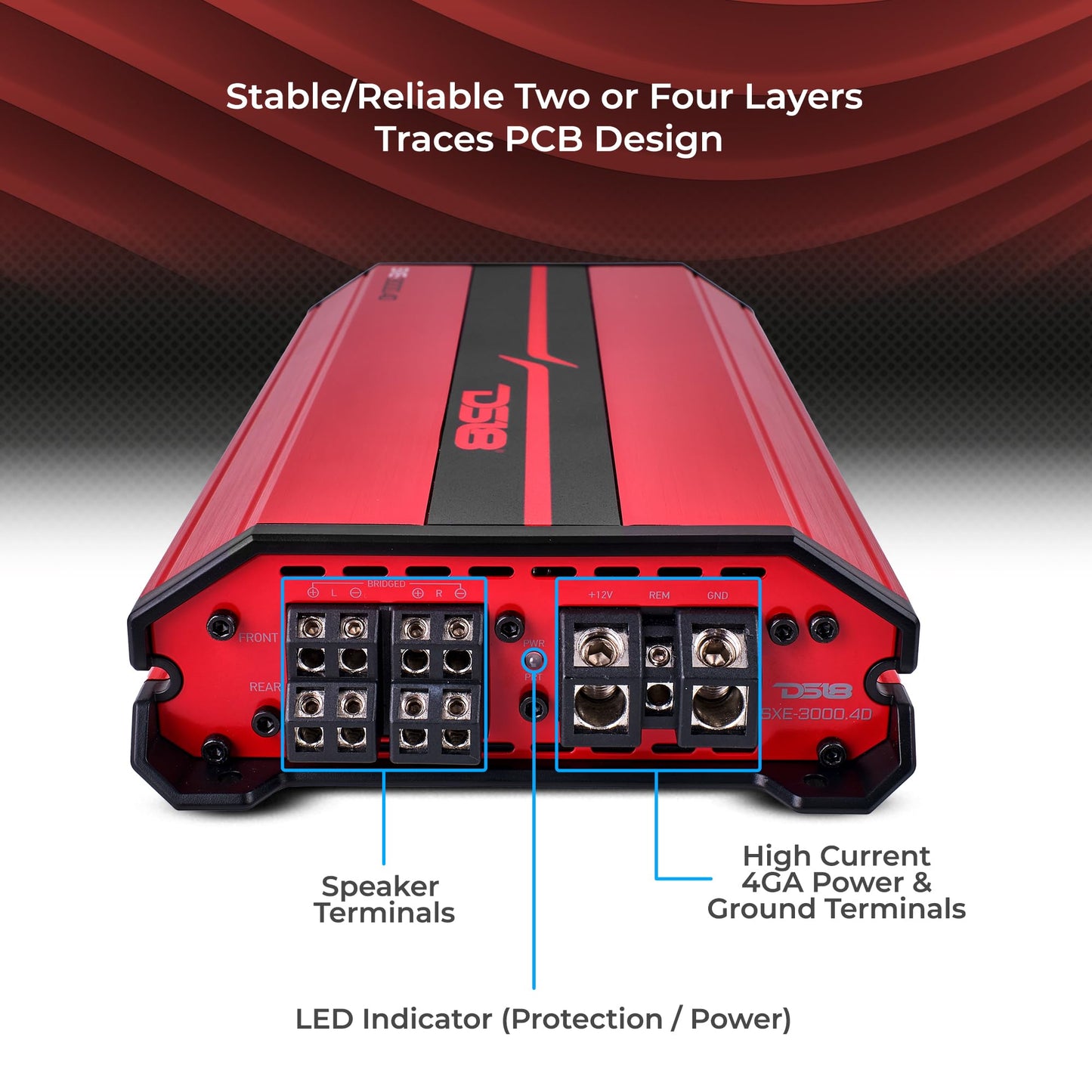 Amplificador Estéreo DS18 Rojo Clase D 4 Canales para Sistema de Audio del Coche
