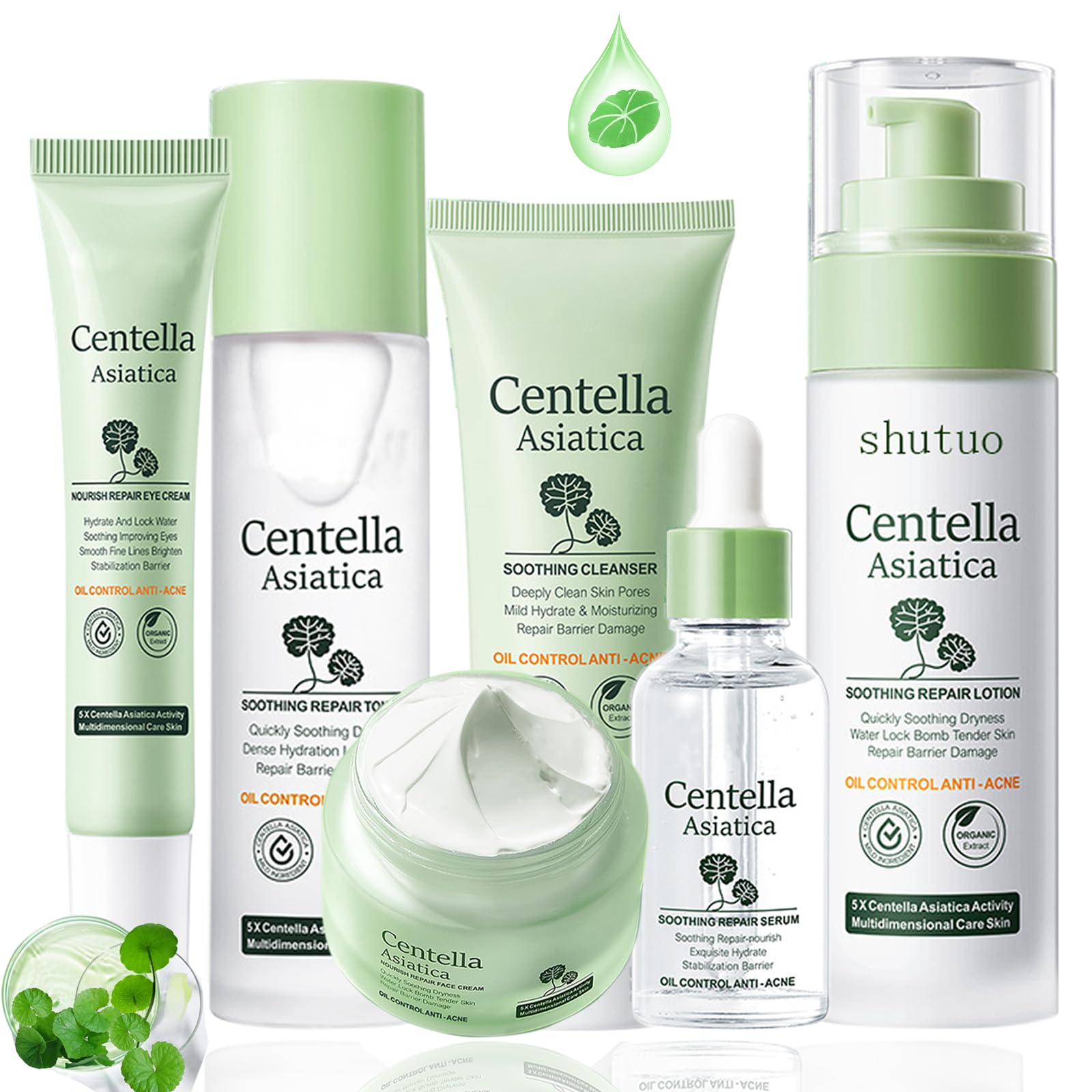 Set de regalo para el cuidado de la piel con Centella Asiatica para mujeres, set para el cuidado de la piel para hidratar, reparar y limpiar la piel, con suero, tónico, limpiador facial, crema para