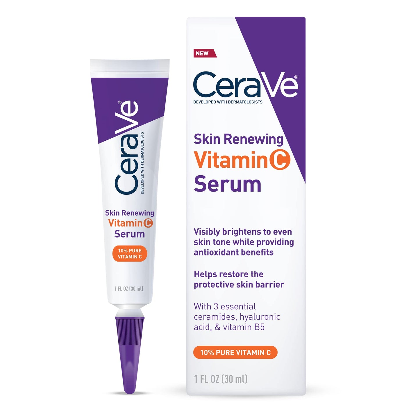 CeraVe - Sérum de vitamina C con ácido hialurónico | Sérum iluminador de piel para rostro con un 10% de vitamina C pura | Sin fragancia | 1 onza Oz + Limpiadora Crema-Espuma Hidratante Facial Diaria
