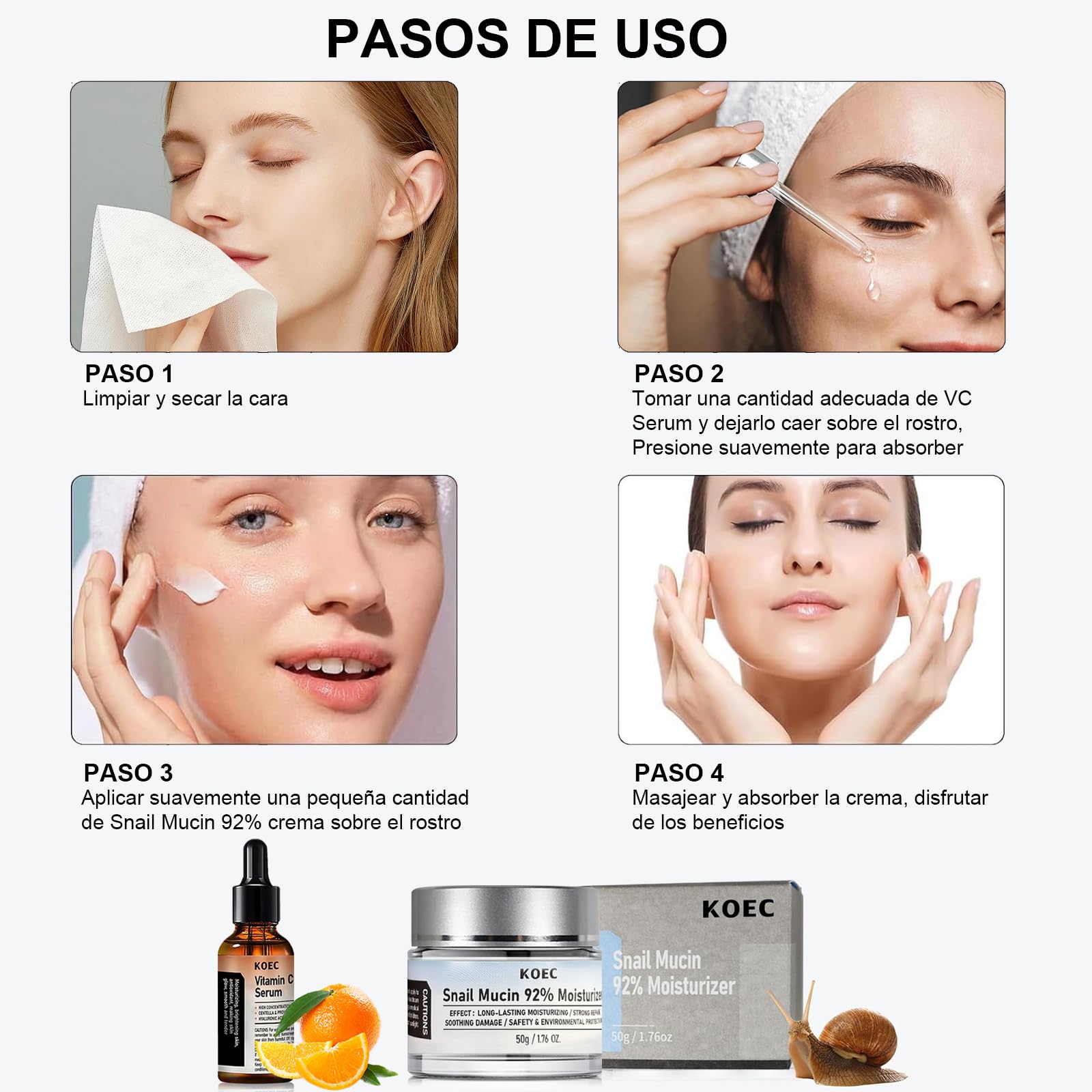 Crema De Baba De Caracol Original, VC Serum Facial, 2PCS, Snail Mucin 92%, Crema de Gel Facial Reparadora Hidratante, Crema Hidratante Facial Diario, Hidratación Duradera, para Todo Tipo de Pieles