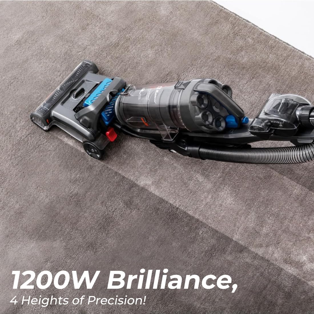Koblenz Barredora de Pisos Titán | Aspiradora Vertical de 1200 W | Ligera, Potente y Silenciosa | Alfombra y Suelo Duro | Filtro HEPA Sin Bolsas | 170° de Movimiento | Color Acero con Azul UMA-1400