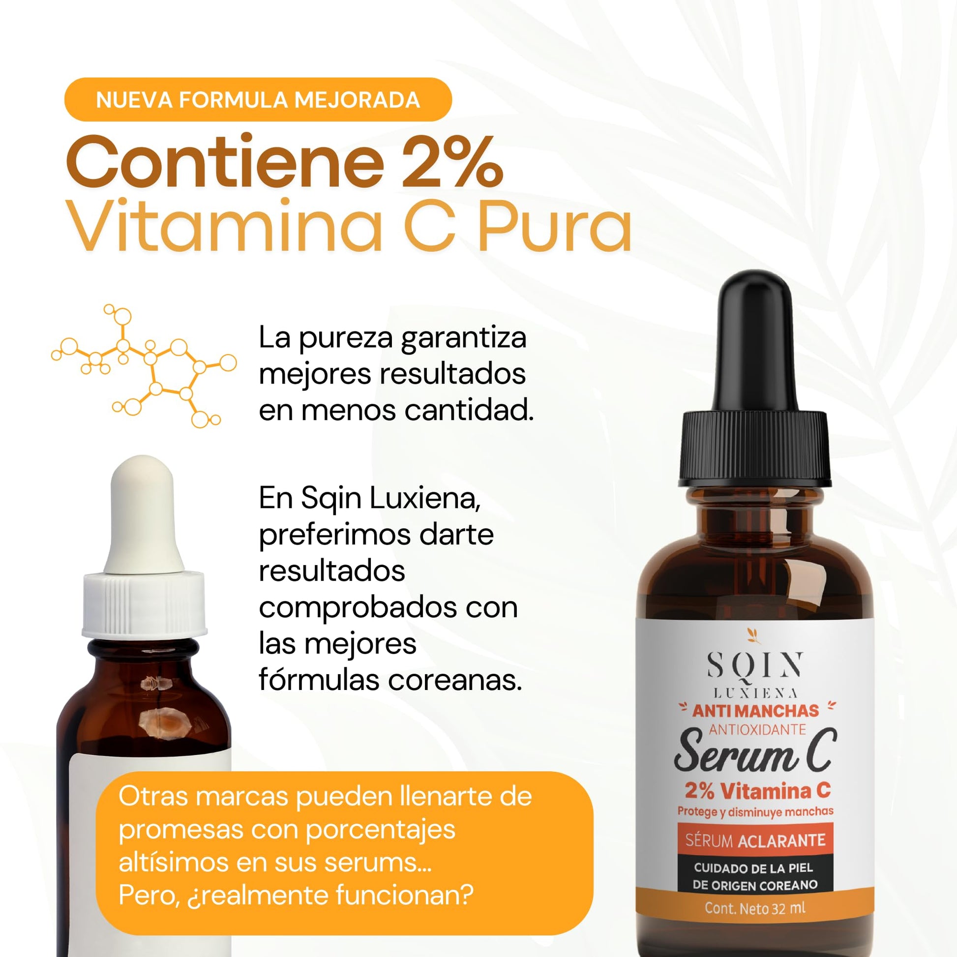 Sqin Luxiena Korean Serum de Vitamina C 2% y Ácido Hialurónico Facial. Aclara la Piel, Antimanchas facial + Antiarrugas + Antioxidante, Suero Facial de Día Vitamina C y Vitamina E, Skincare Coreano Vegano 32ml.