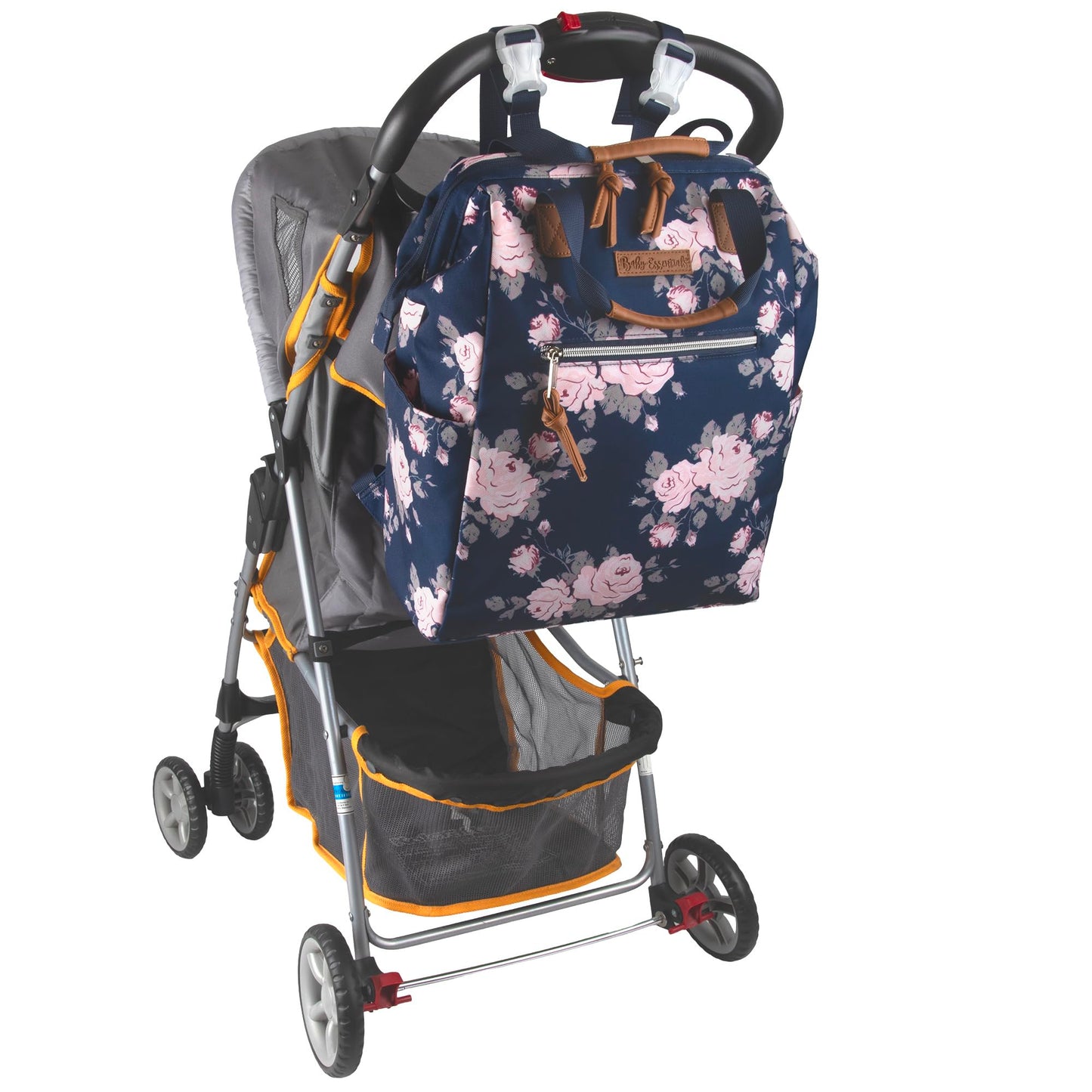 Baby Essentials - Mochila para pañales – Gran capacidad, compartimento aislado súper refrigerante, diseño de marco principal con cambiador y correas para carriola, Azul Marino Floral, Mediano, Mochila