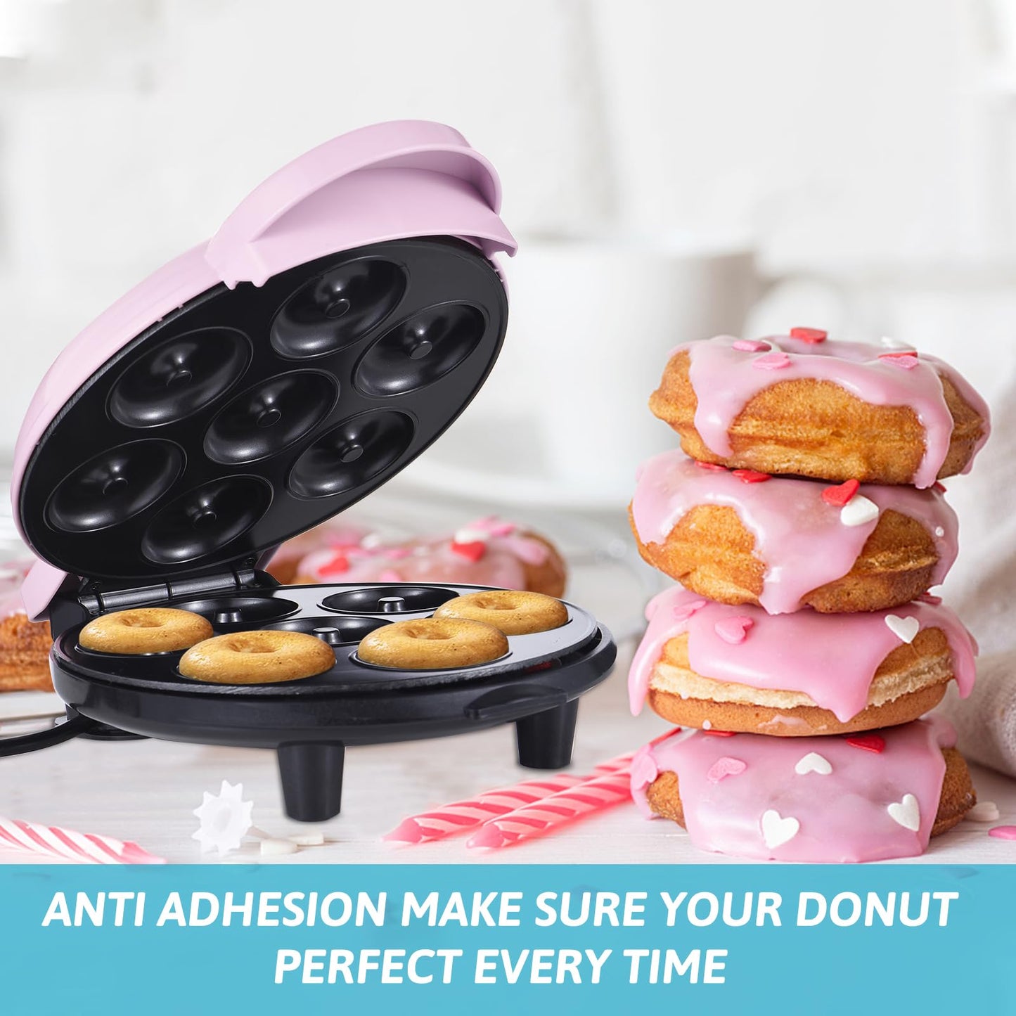KONDIAN Dash Mini Donut Maker Machine Hace 7 Donuts 700W Calefacción de Doble Cara Recubrimiento Antiadherente Máquina Eléctrica para Hacer Donuts para Desayuno para Niños Postre Merienda Perfecto