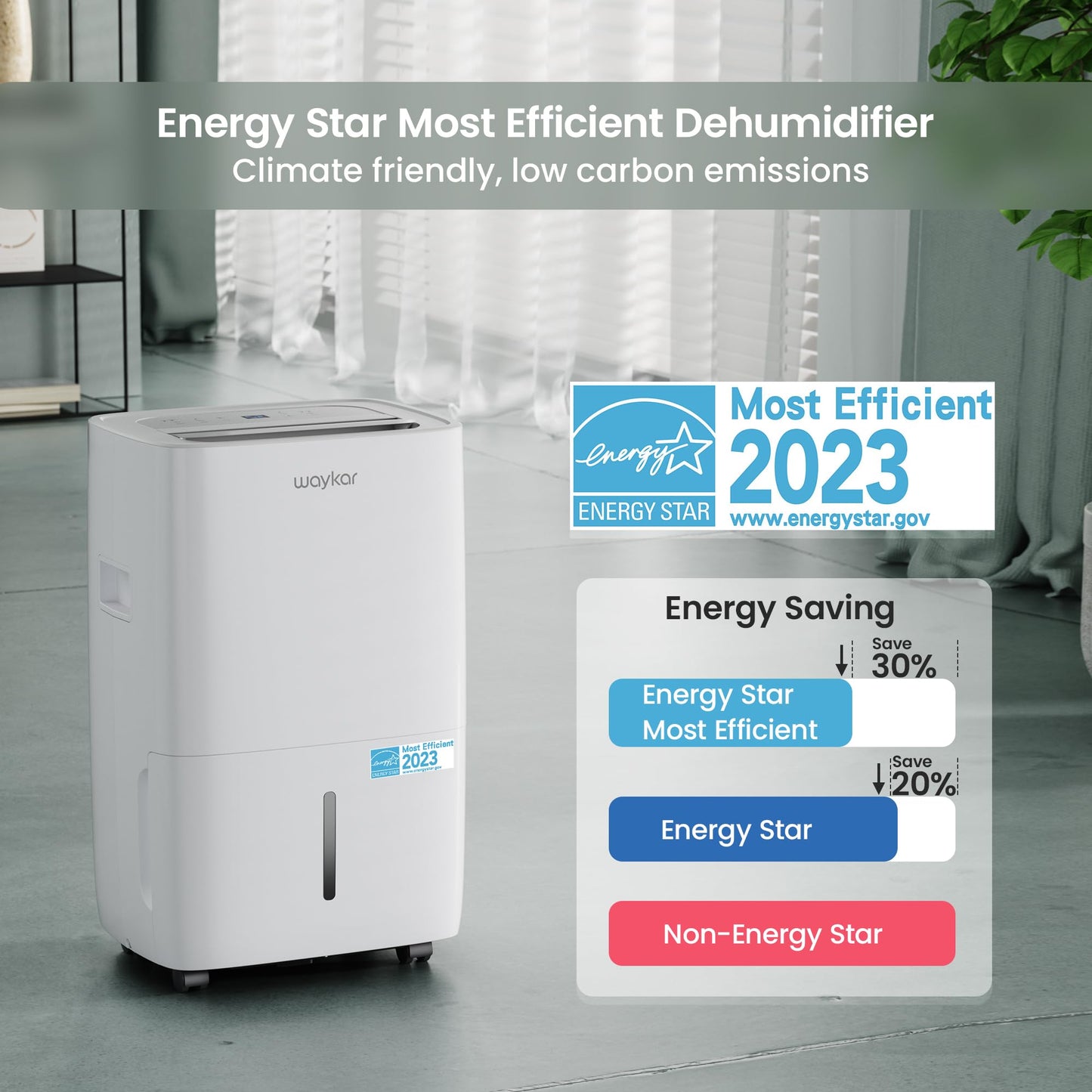 Deshumidificador Waykar Blanco 80 Pints Energy Star para Grandes Espacios y Hogares