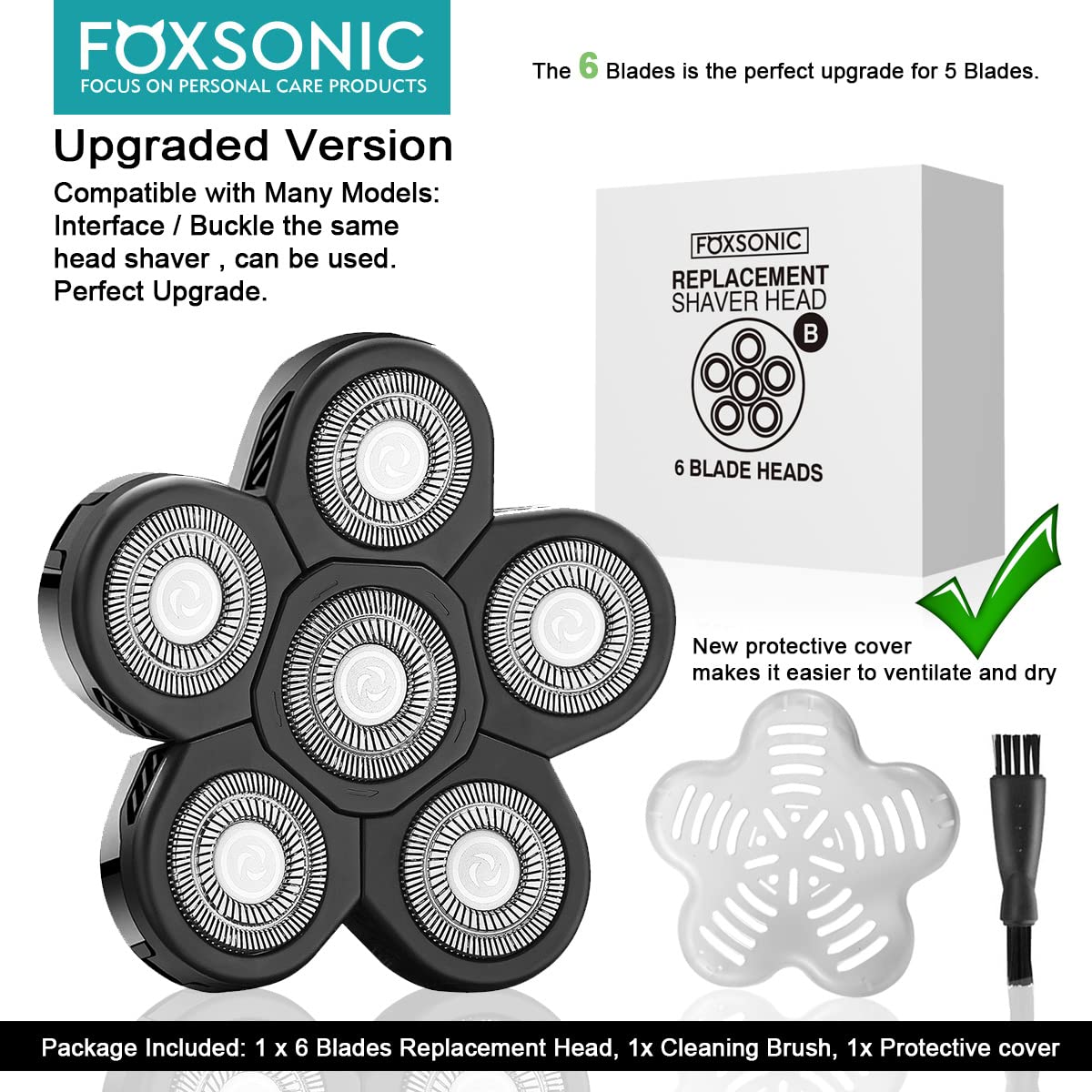 FOXSONIC Cabezales de repuesto para afeitadora eléctrica de 6 cuchillas, 6 cuchillas, cuchillas de repuesto para afeitadora calva con cubierta de cuchilla, cabezal de afeitadora eléctrica (negro)