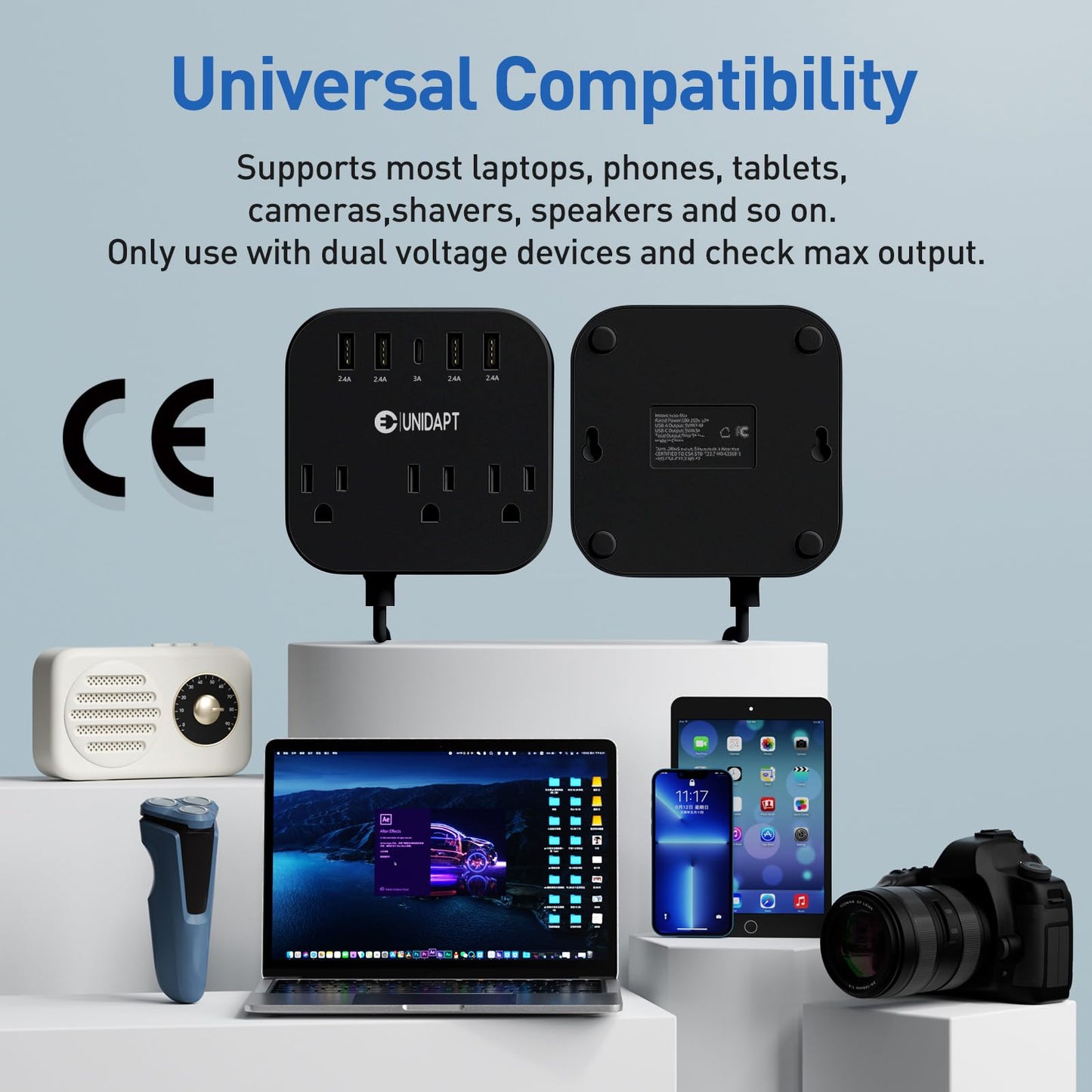 Adaptador de Enchufe Europeo Unidapt Negro con Regleta y Cable de Extensión de 5 Pies