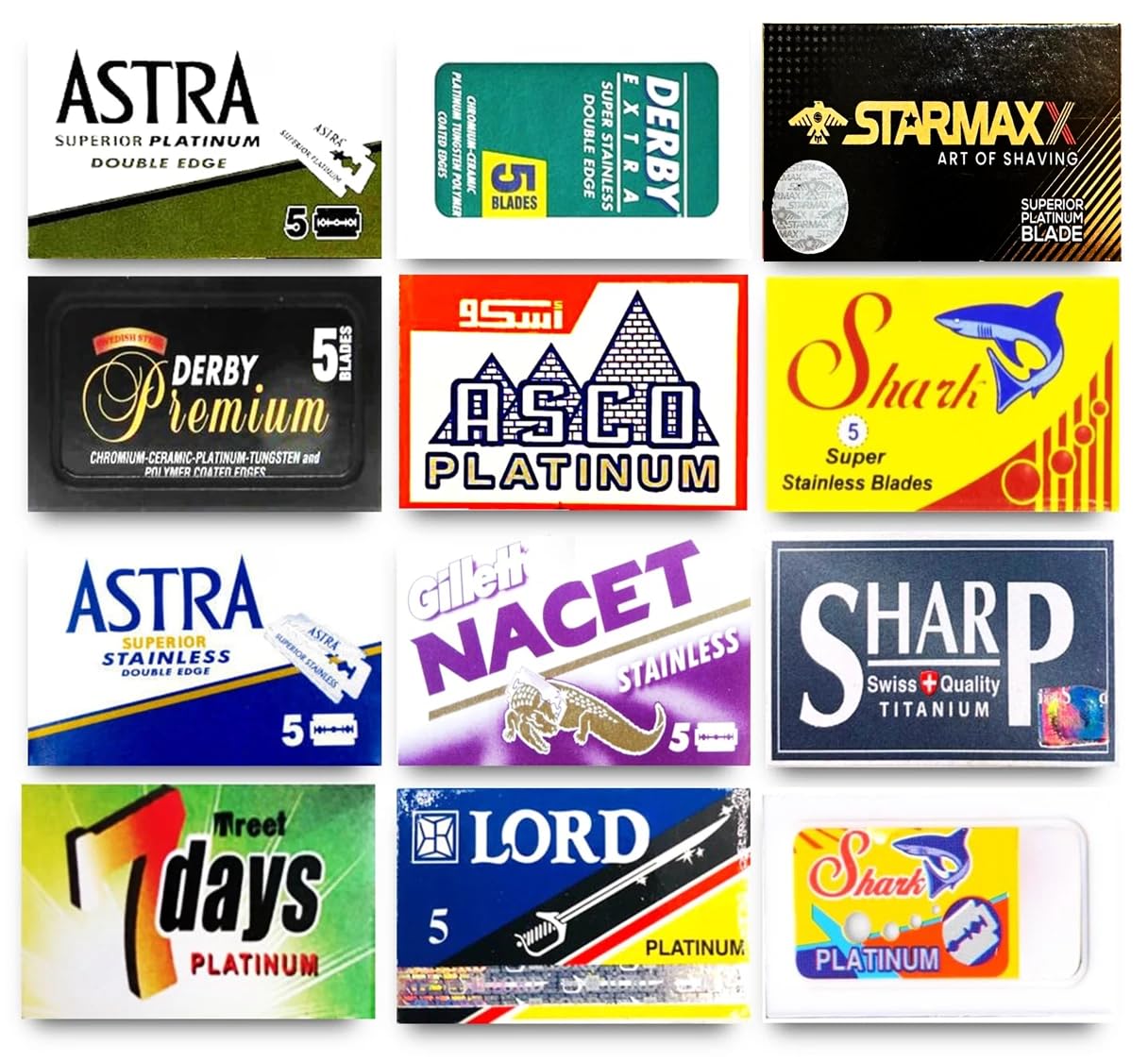 Astra-Derby-Shark-Voskhod-Rapira-Lord 60 cuchillas de afeitar de doble filo de calidad (12 marcas diferentes)