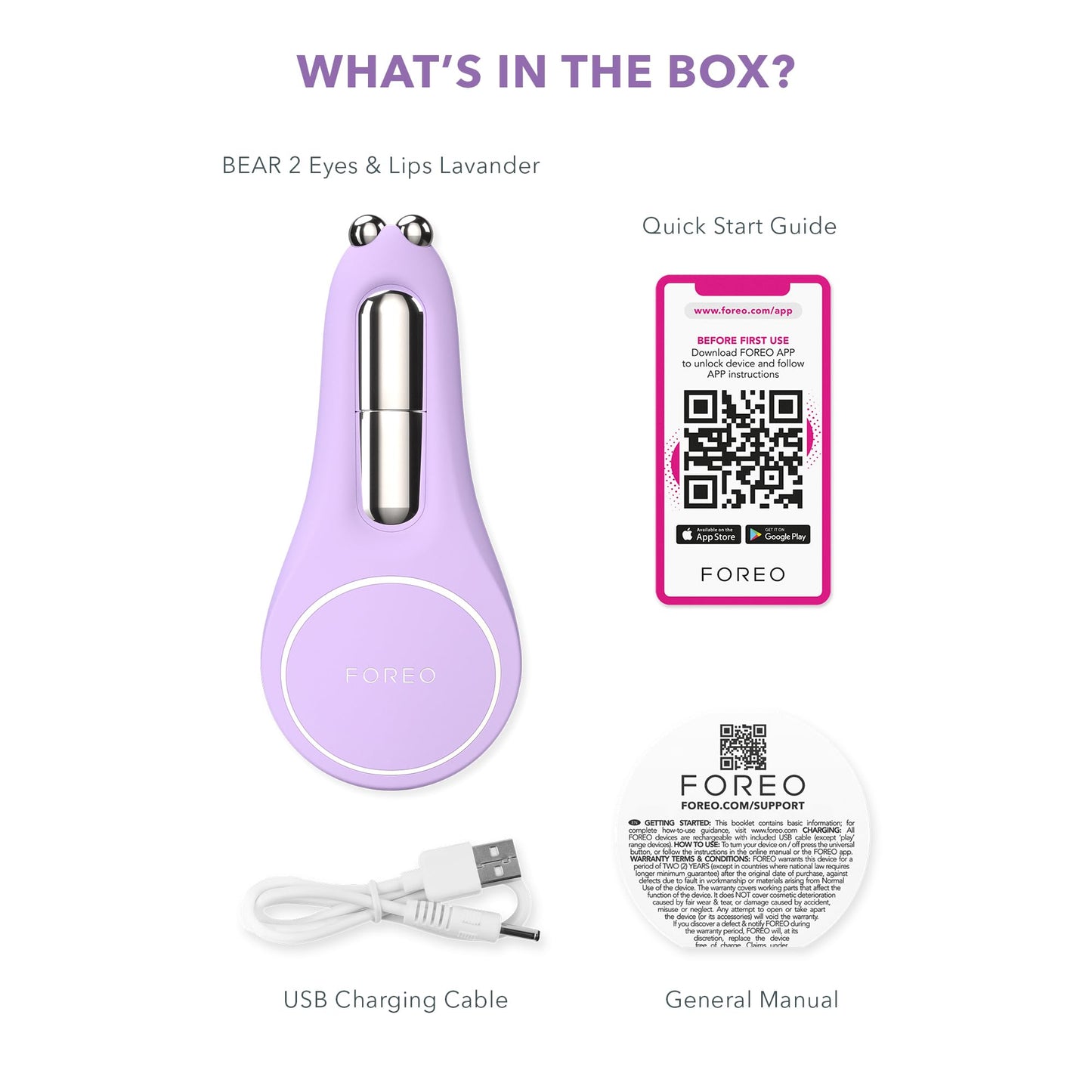 FOREO BEAR 2 Eyes & Lips - Masajeador facial reafirmante microcorrientes - Aparato radiofrecuencia facial - Masajeador ojos antiojeras - Tratamiento arrugas - Lavander
