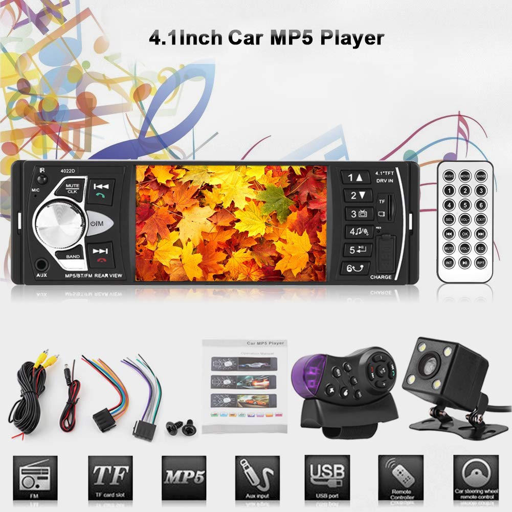 Haofy Radio Estéreo Inalámbrico para Coche con Pantalla Táctil de 4.1 Pulgadas, Cámara de Visión Trasera, Bluetooth, Reproductor MP5 Universal