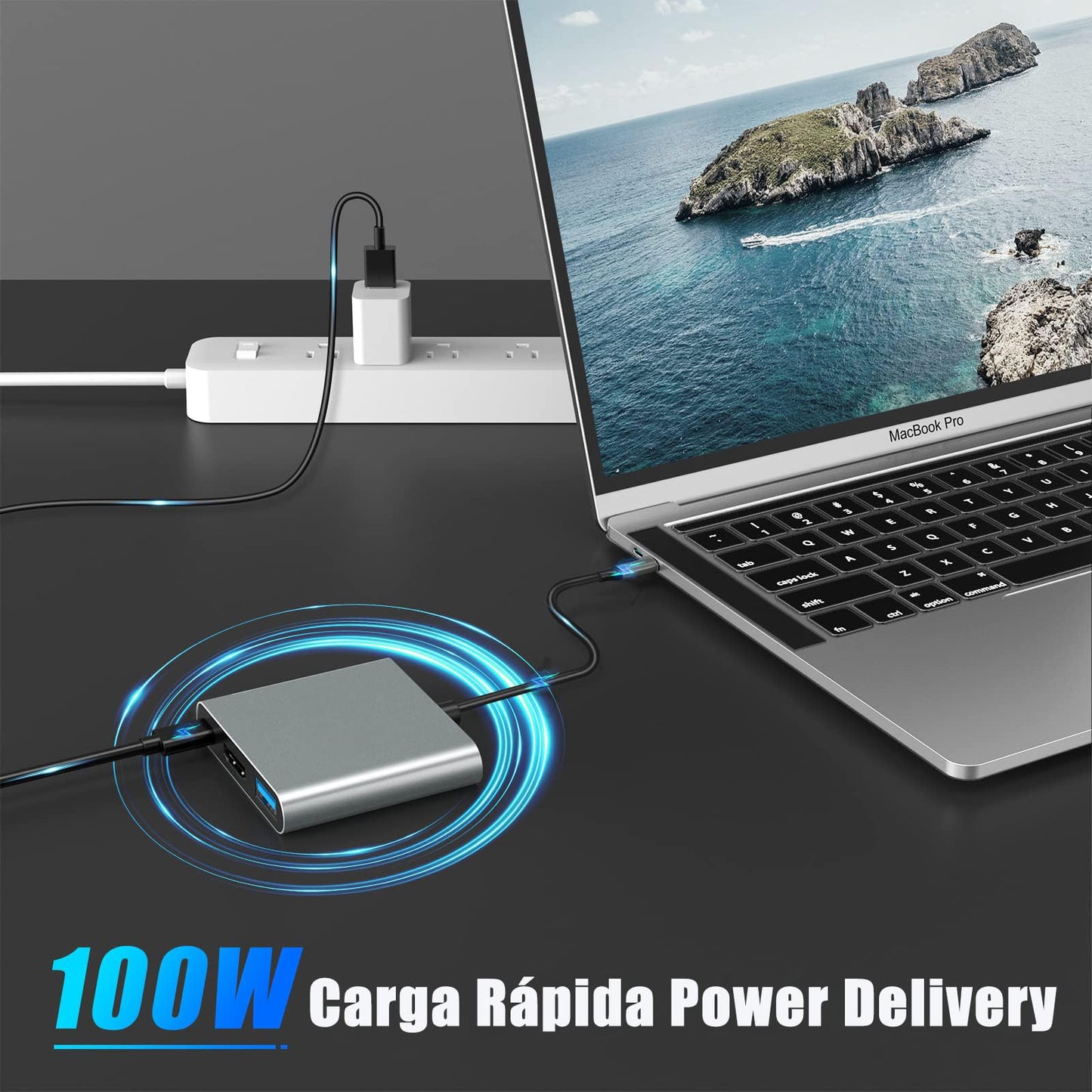 Adaptador USB C a HDMI 3 en 1 para MacBook Air Plata Compatible con Dispositivos Tipo C
