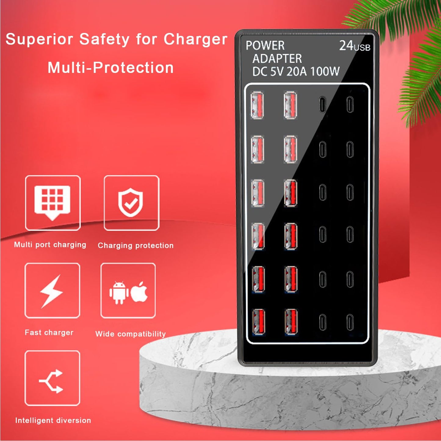 Cargador USB, bloque de cargador USB C, 100 W (20 A), 24 puertos, múltiples USB, cargador de pared, 12 USB A 12 USB C compatible con Apple iPhone, iPad, Samsung Galaxy, portátil, Pixel, teléfonos