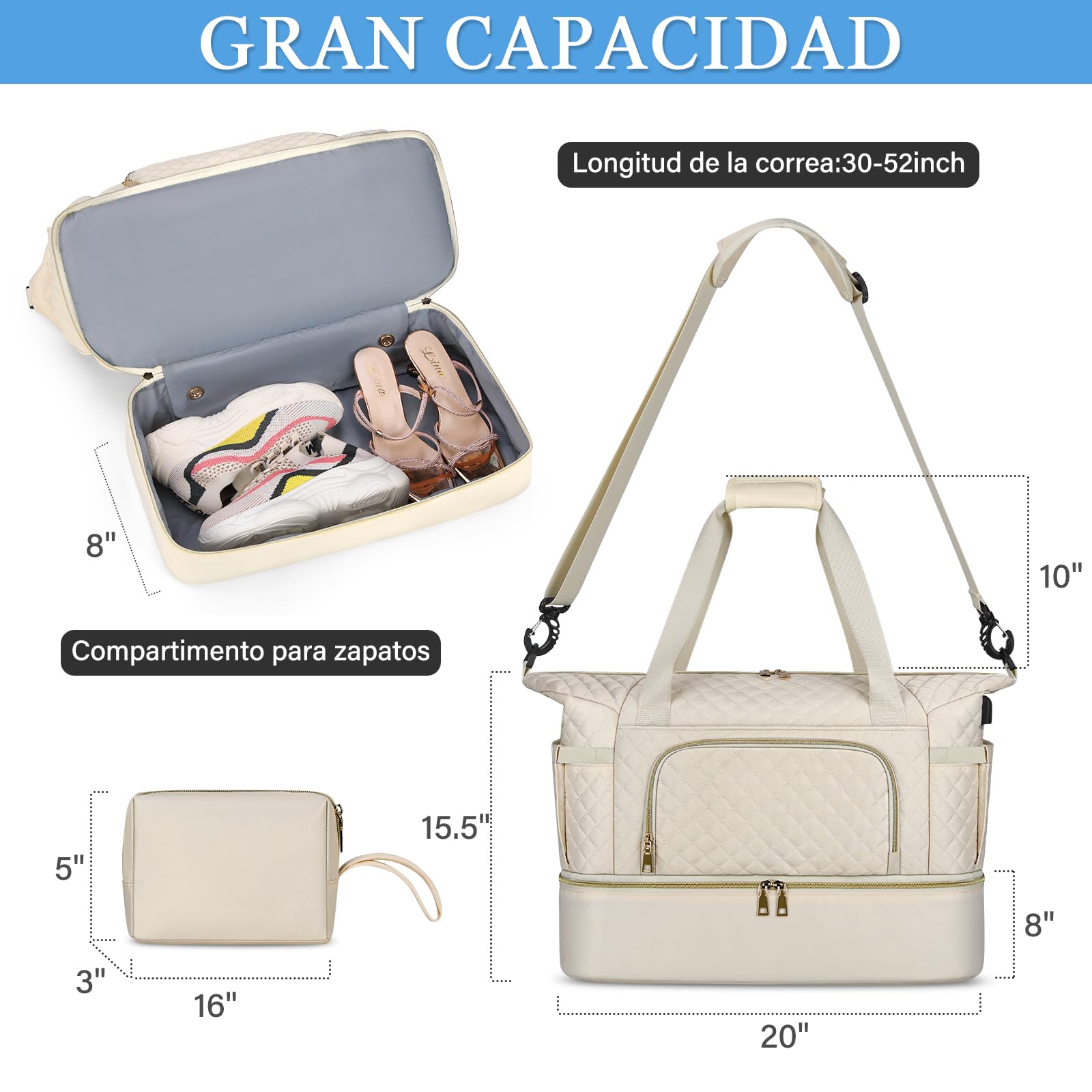Bolsa de Viaje SDYSM Beige con Puerto USB y Compartimento para Zapatos para Hombre y Mujer