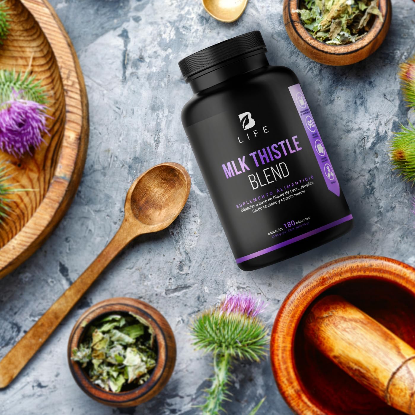 Cardo Mariano 180 cápsulas 1100 mg por porción. Hoja de Diente de León, Raíz de Jengibre y Mezcla Herbal. Ingredientes naturales. Mlk Thistle Blend B Life.