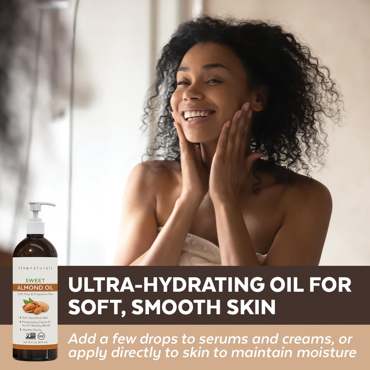 Viva Naturals Sweet Almond Oil 16 fl oz, 100% Pure and Hexane Free, Ideal for Skin and Hair