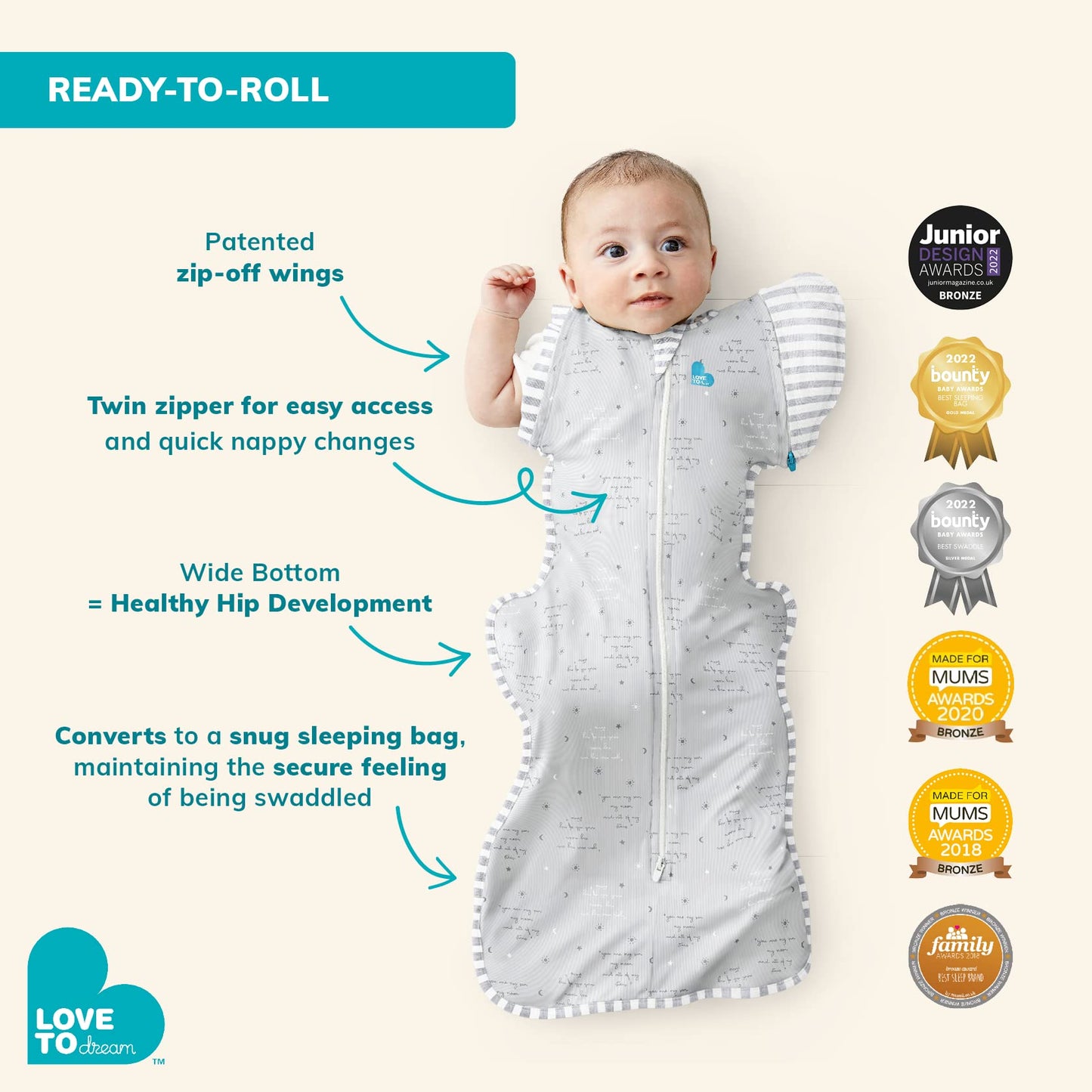 Love To Dream Swaddle UP, Saco para Dormir Bebe de Transición Ideal para el Sueño Cómodo - Saquitos para dormir bebe 5.8-8.6 Kg para Climas de 16°C - 20°C - Costal de Algodón Color Fantasía