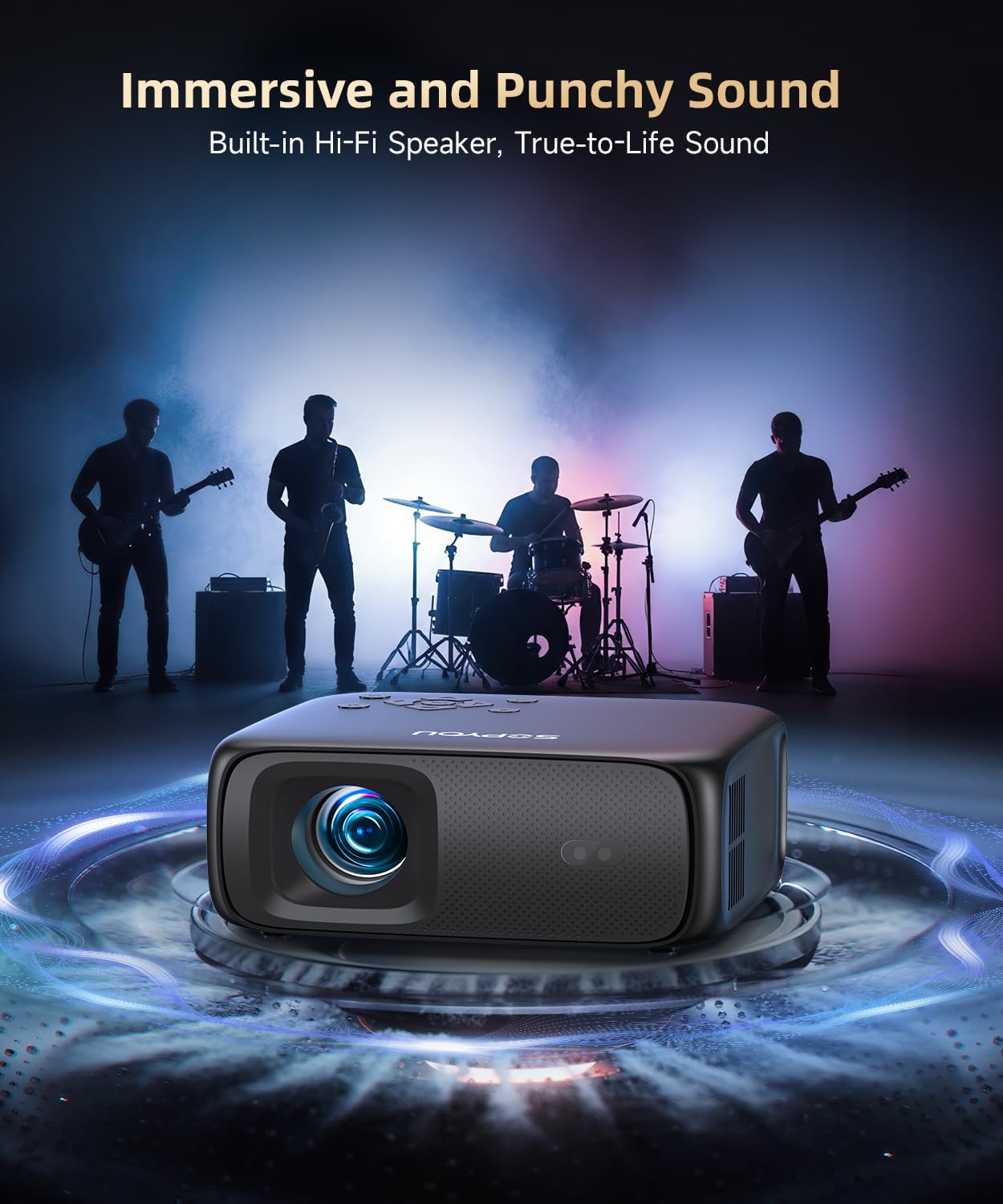 【Buit-in Google TV y control de voz】Proyector inteligente con WiFi y Bluetooth, enfoque automático y piedra clave, proyector de película portátil Native 1080P para exteriores con soporte giratorio de