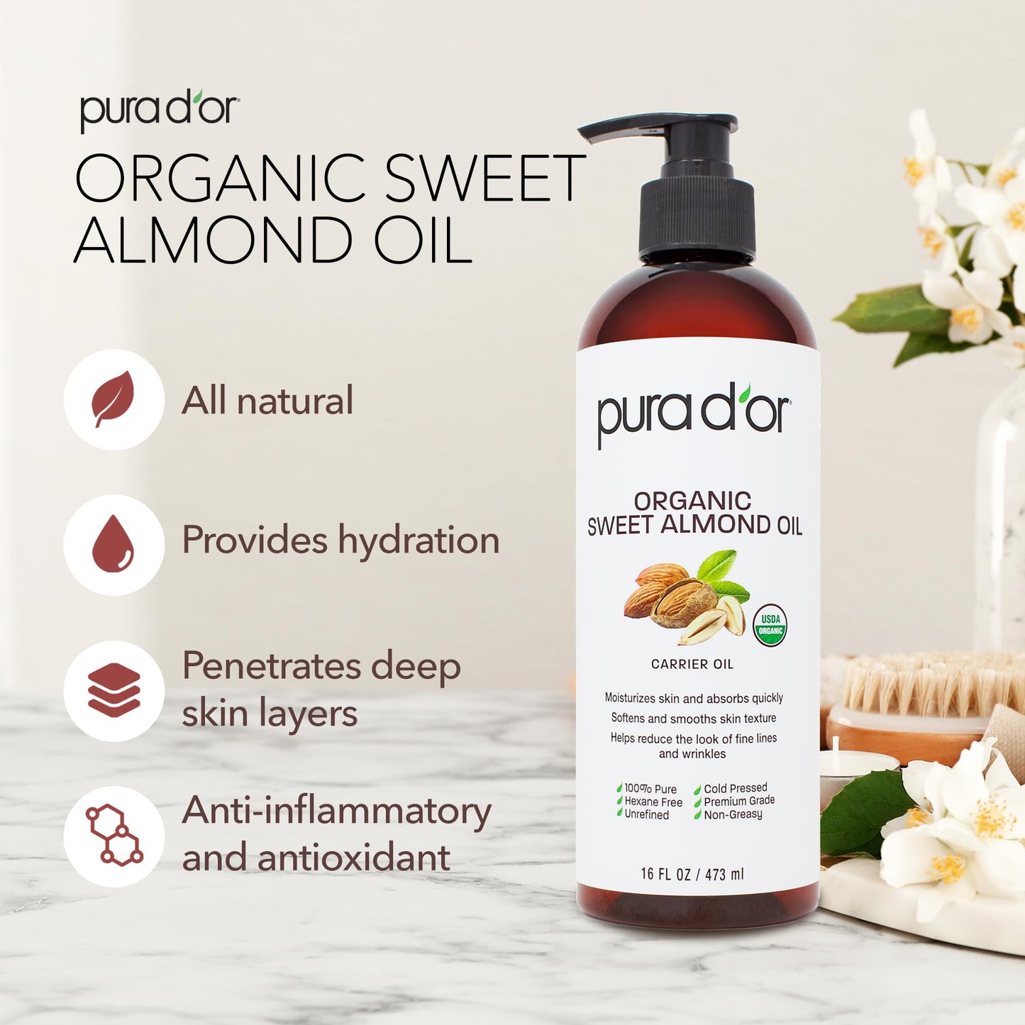PURA D'OR Organic Sweet Almond Oil (16oz) USDA Certified 100% Pure & Natural Carrier Oil - Hexane Free - Skin & Face - Facial Polish, Full Body, Massages, DIY Base (Packaging may vary)