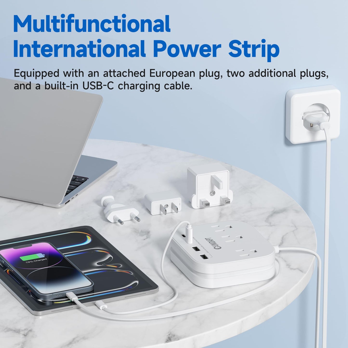 Adaptador de Enchufe Europeo Unidapt Blanco con USB C y 4 Puertos USB, Extensión de 5 Pies
