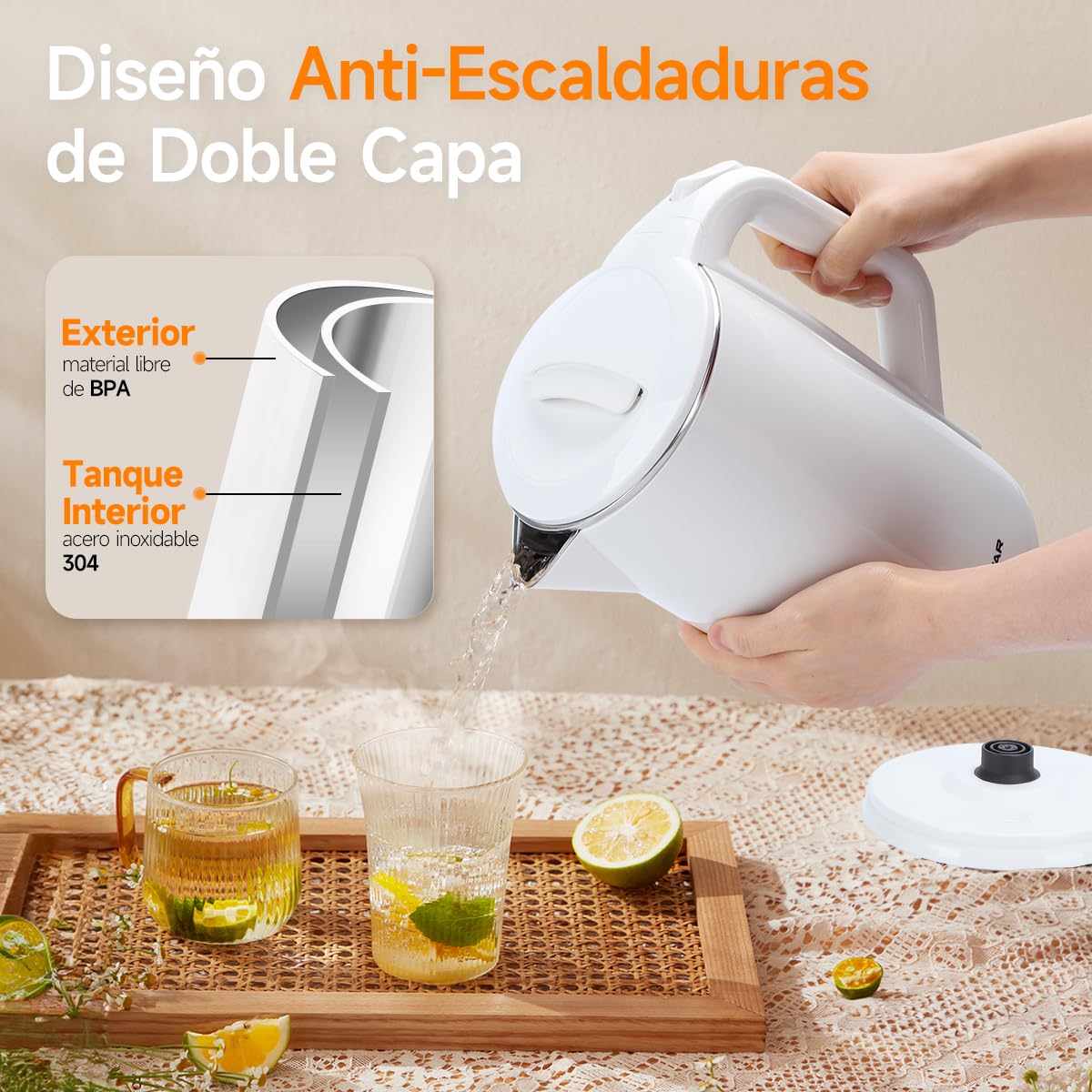 Aigostar Hervidor, Tetera Eléctrica de 1.7 Litros, Doble Pared de Acero Inoxidable, Apagado Automático, 1200w, Base Removible, Blanco (blanco)
