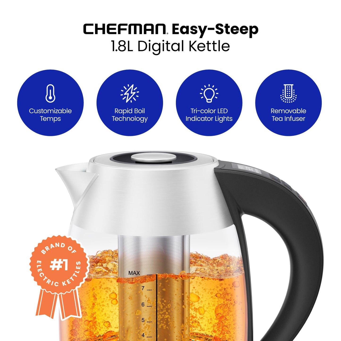 Chefman Hervidor de vidrio eléctrico digital de 1,8 l + con ebullición rápida y 7 preajustes para temperatura precisa, infusor de té de acero inoxidable incluido, control digital avanzado