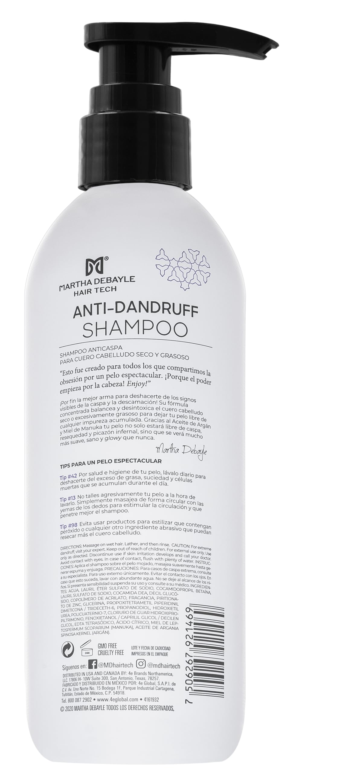 Martha Debayle Shampoo Anti-Caspa. Con Piritionato de Zinc, Miel de Manuka y Aceite de Argán, 450 ml.