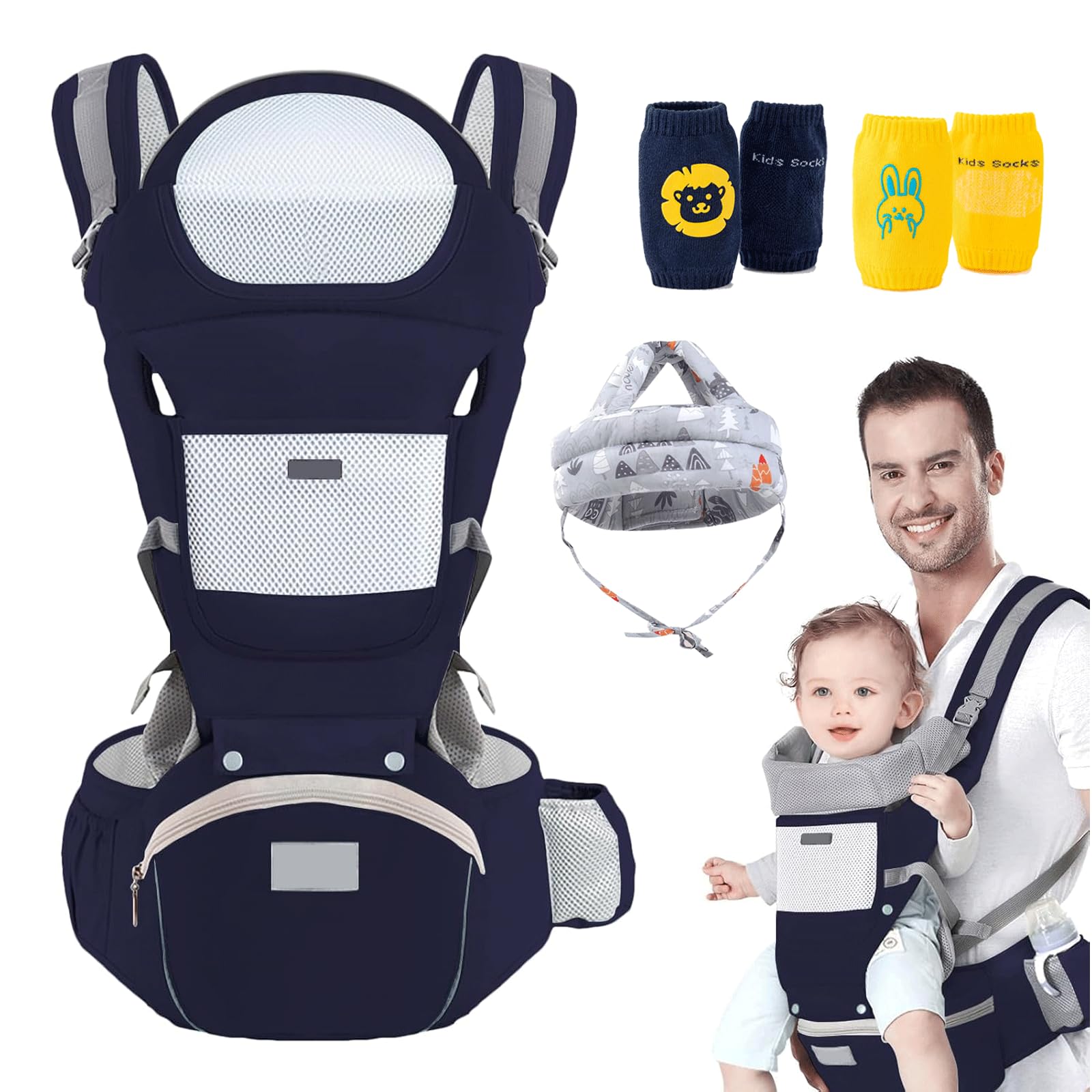 Mochila Portabebe Canguro Bebé Multiusos con Protector de Cabeza Pares Rodillera Antideslizante, Porta Bebé Ajustable Transpirable, Mochila
