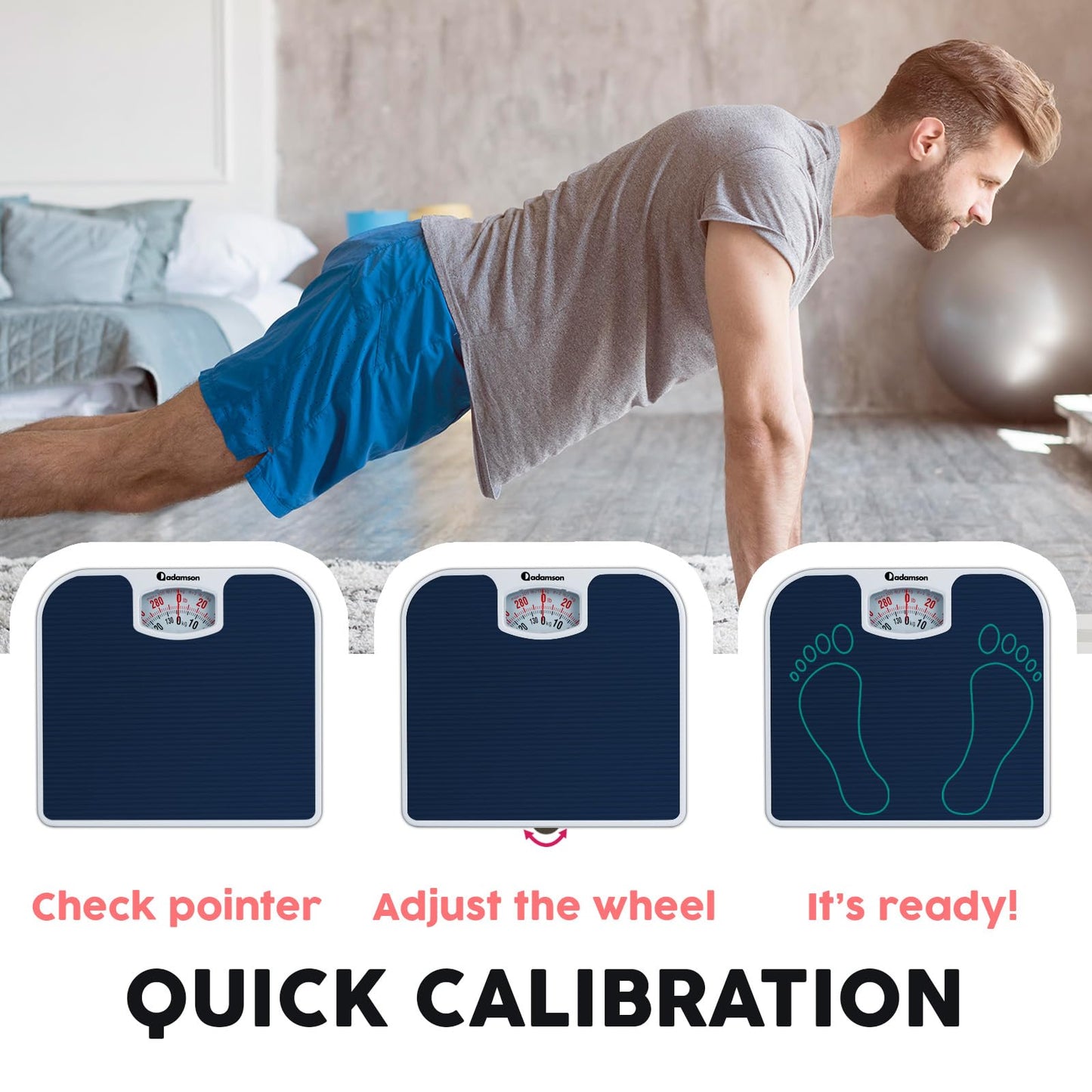 Adamson - Báscula analógica A21 para peso corporal, hasta 300 libras, nueva versión, superficie de goma antideslizante, números grandes, báscula de baño analógica, asequible, duradera con garantía de