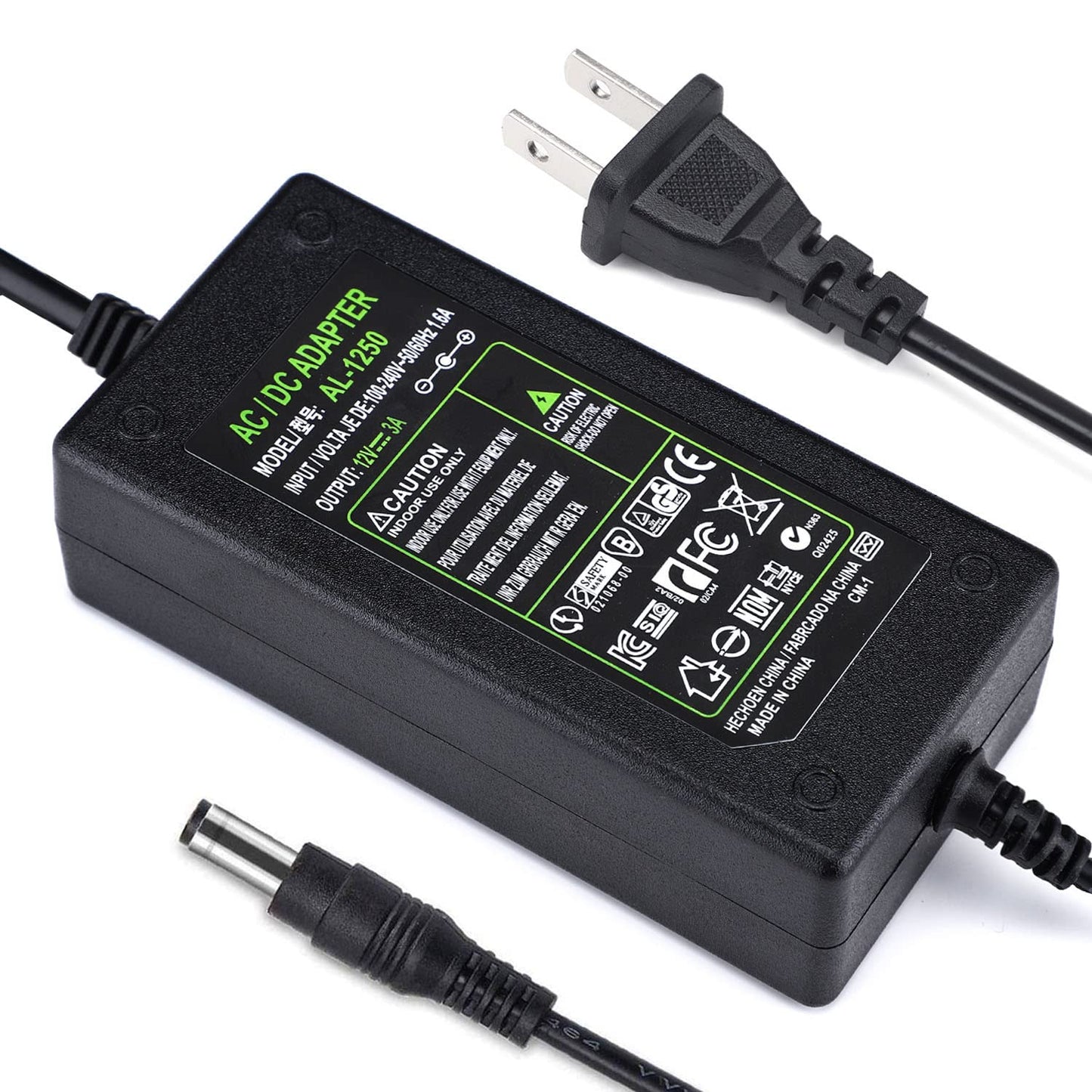Adaptador de Corriente CC 12V 3A Enchufe EE. UU. Cable 4.6 Pies, Transformador CA a CC 12 Voltios