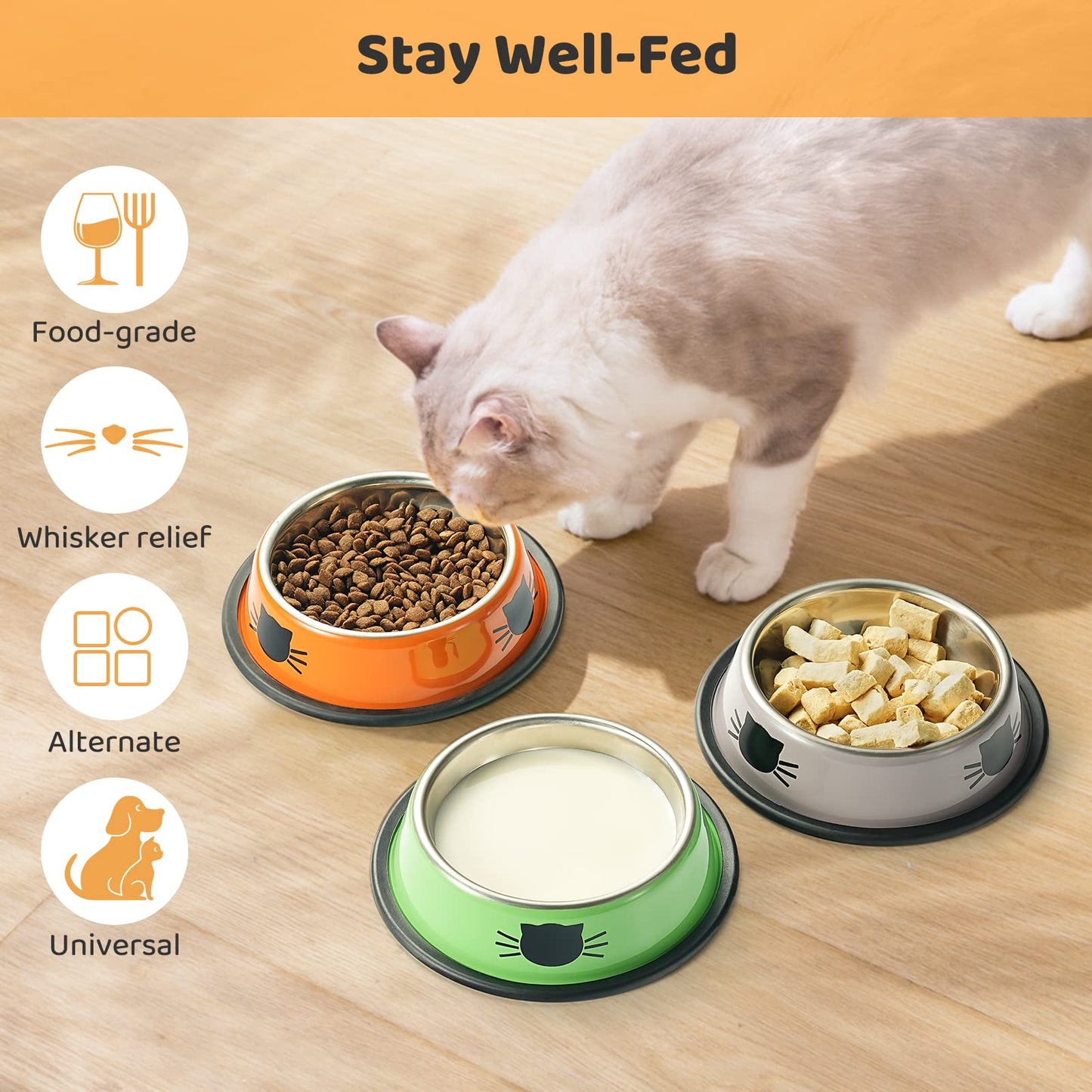 Legendog Cat Bowl Pet Bowl Stainless Steel Cat Food Water Bowl Non-Slip Rubber Base Small Pet Bowl Cat Feeding Bowls Set of 3
