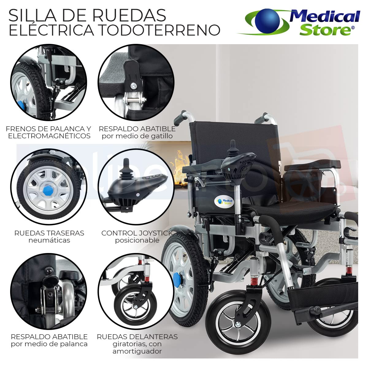Silla de Ruedas Eléctrica Medical Store Negro de Acero Alta Resistencia con Cinturón y Joystick