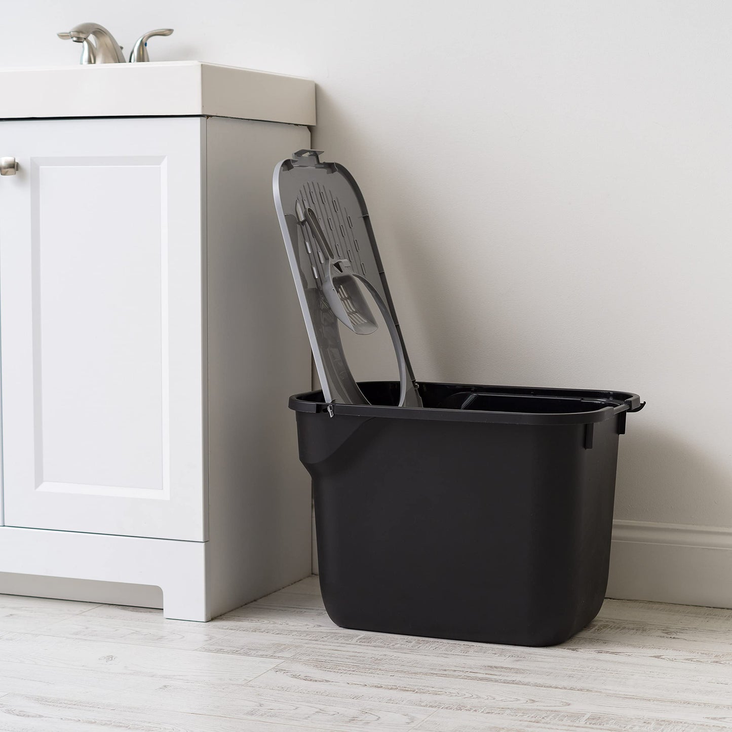 IRIS USA Caja de Arena para Gatos Rectangular de Entrada Superior con Paleta, Grande, Caja de Arena para Gatitos, Blanco/Gris