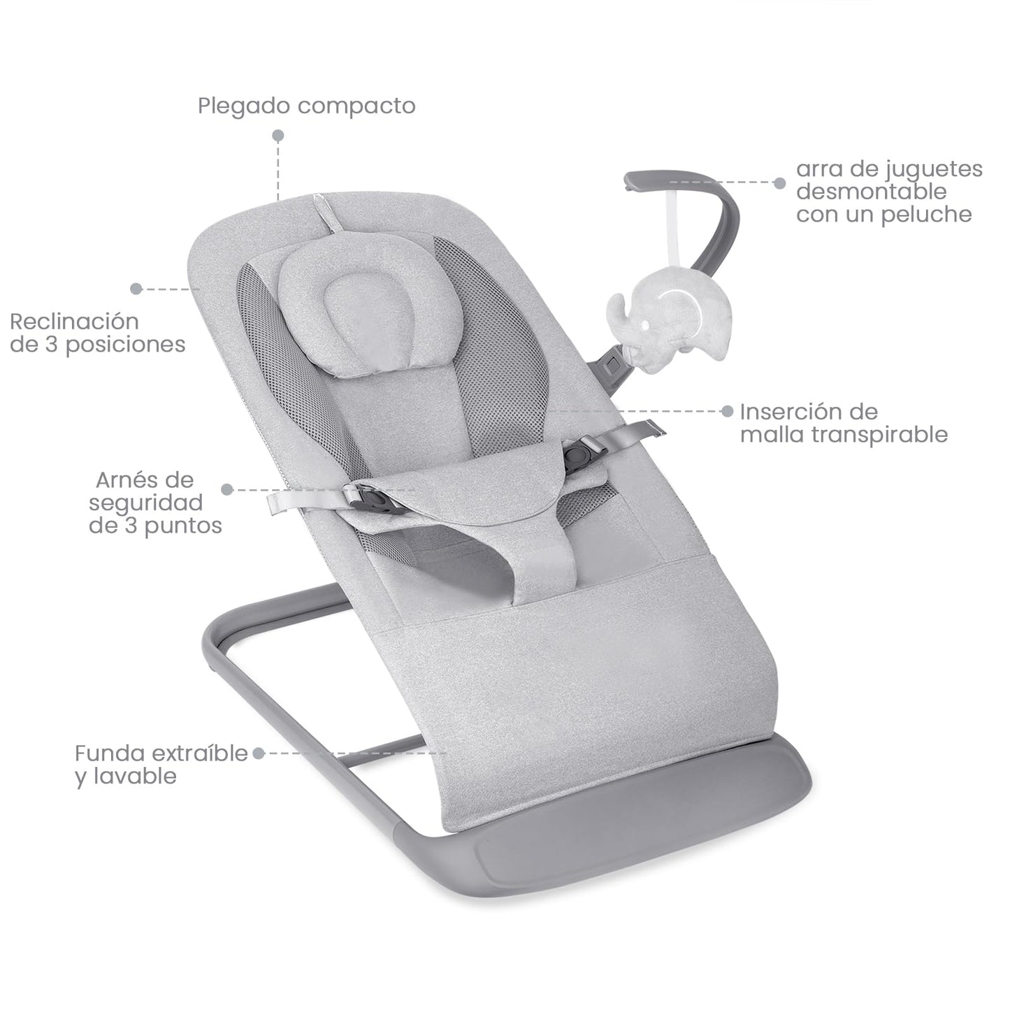 Columpio Portátil Muja Lujo Ajustable con Asiento Transpirable y Arnés de 3 Puntos