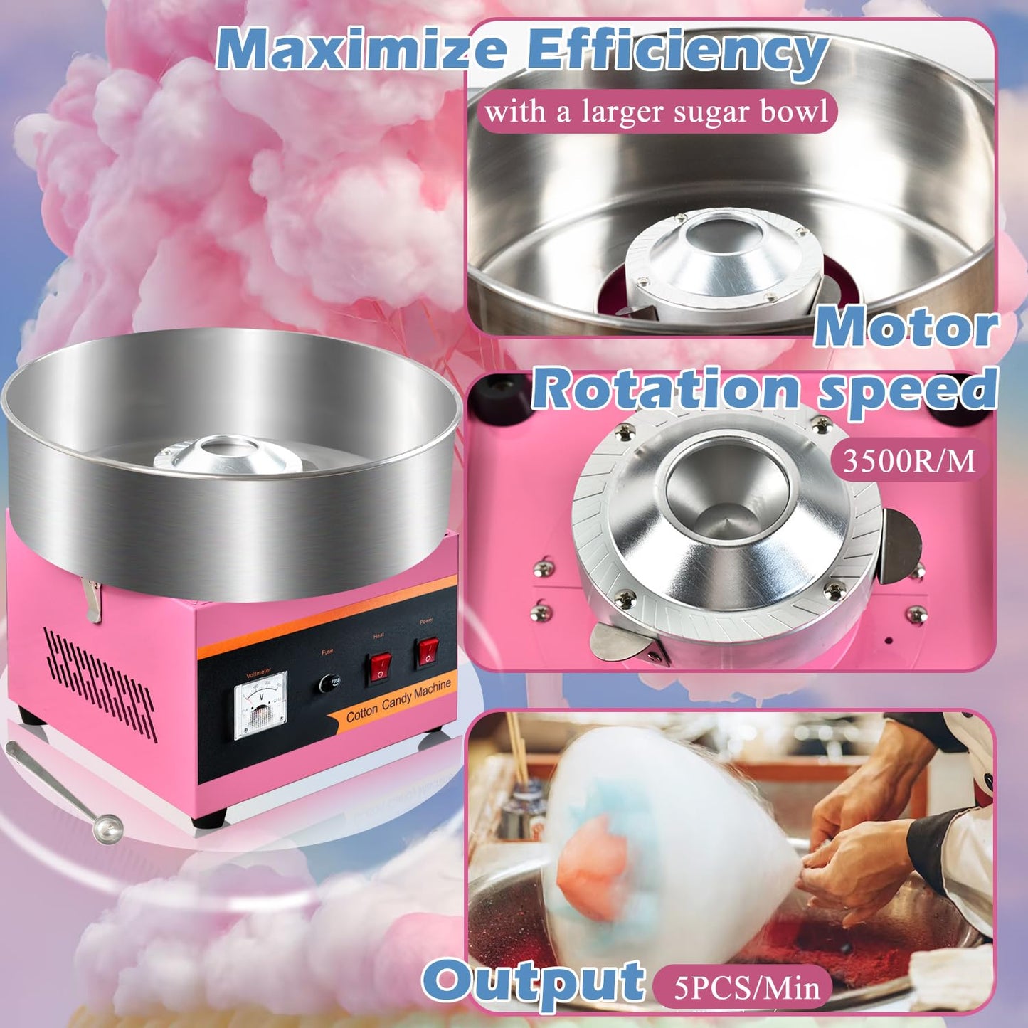 Máquina comercial de algodón de caramelo, máquina de algodón de 110 V 1000 W, máquina de hacer hilo de caramelo, hacer malvaviscos, con tazón de acero inoxidable, cuchara de azúcar, revestimiento
