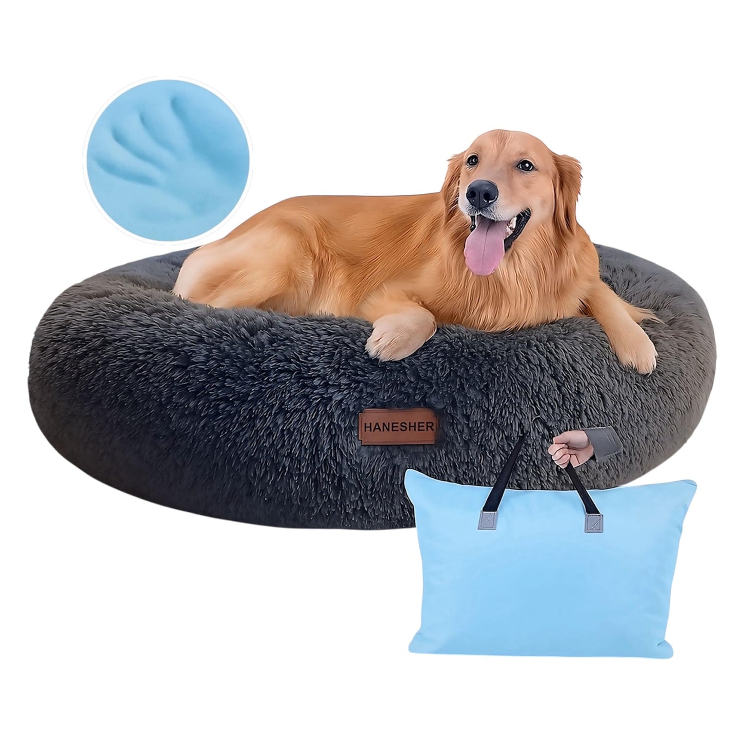 HANESHER Cama Ortopédica para Perro Grande – Memory Foam Antiestrés con Felpa Suave, Base Antideslizante + Bolsa de Regalo – Ideal para Mascotas con Dolor Articular (Gris)