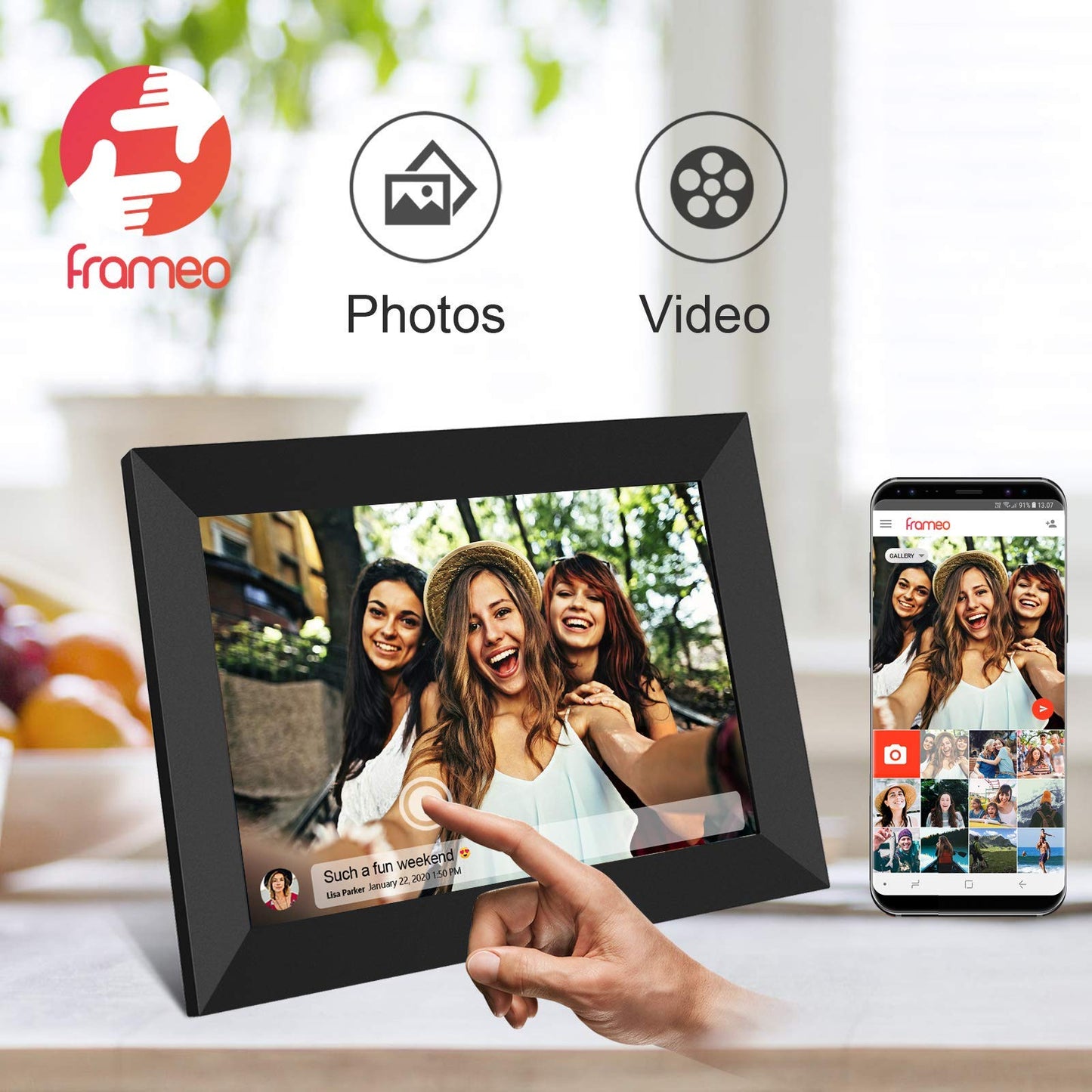 FRAMEO - Marco de fotos digital WiFi inteligente de 32 GB de 10.1 pulgadas, visualización táctil LCD IPS de 1280 x 800 pulgadas, rotación automática de retrato y paisaje, memoria integrada de 32 GB,