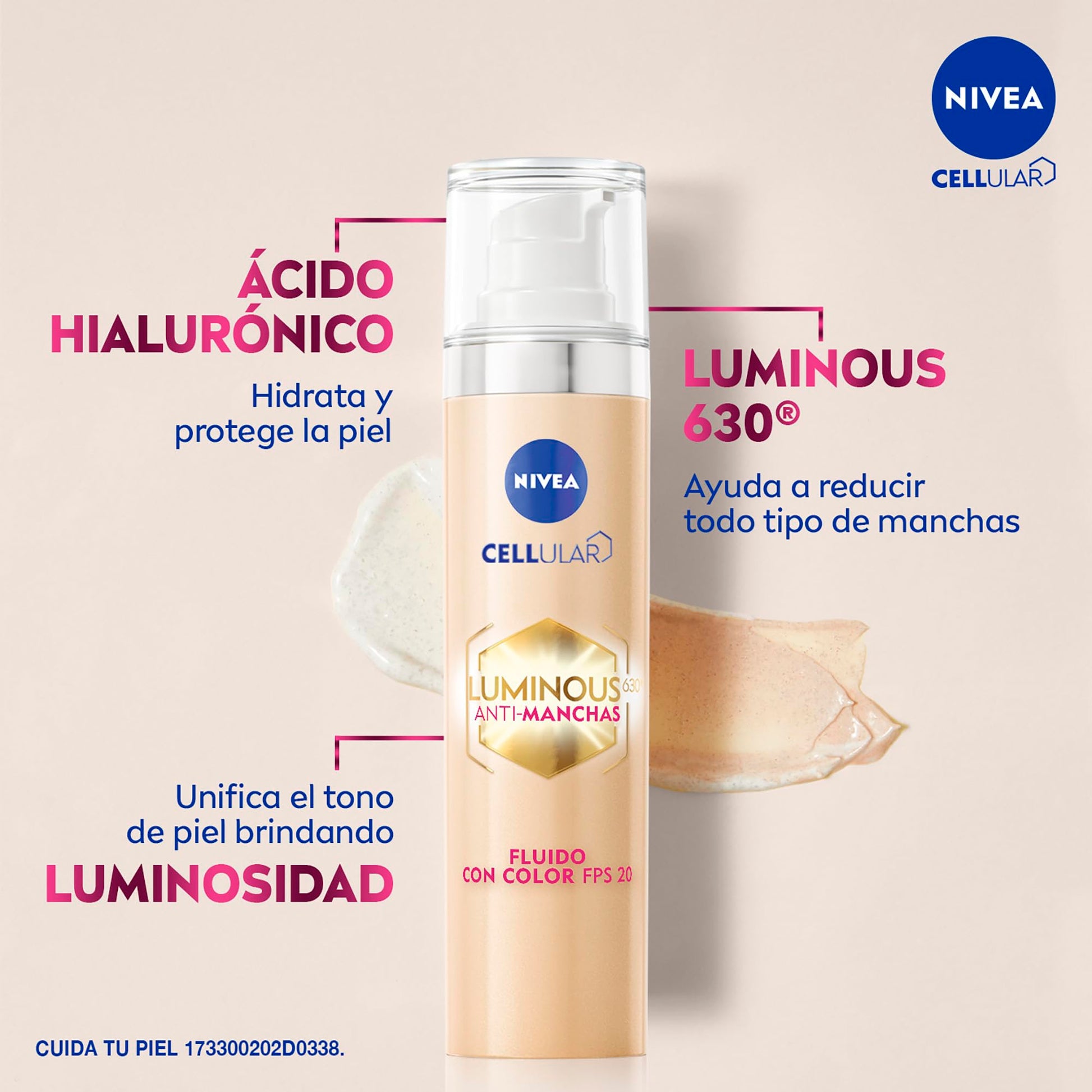 NIVEA Cellular LUMINOUS630 Anti-manchas Fluido Facial Aclarador de Piel FPS20 (40 ml) con un toque de color, Enriquecido Con Ácido Hialurónico y Vitamina E para una Piel Luminosa sin manchas por Edad, Solares u Hormonales